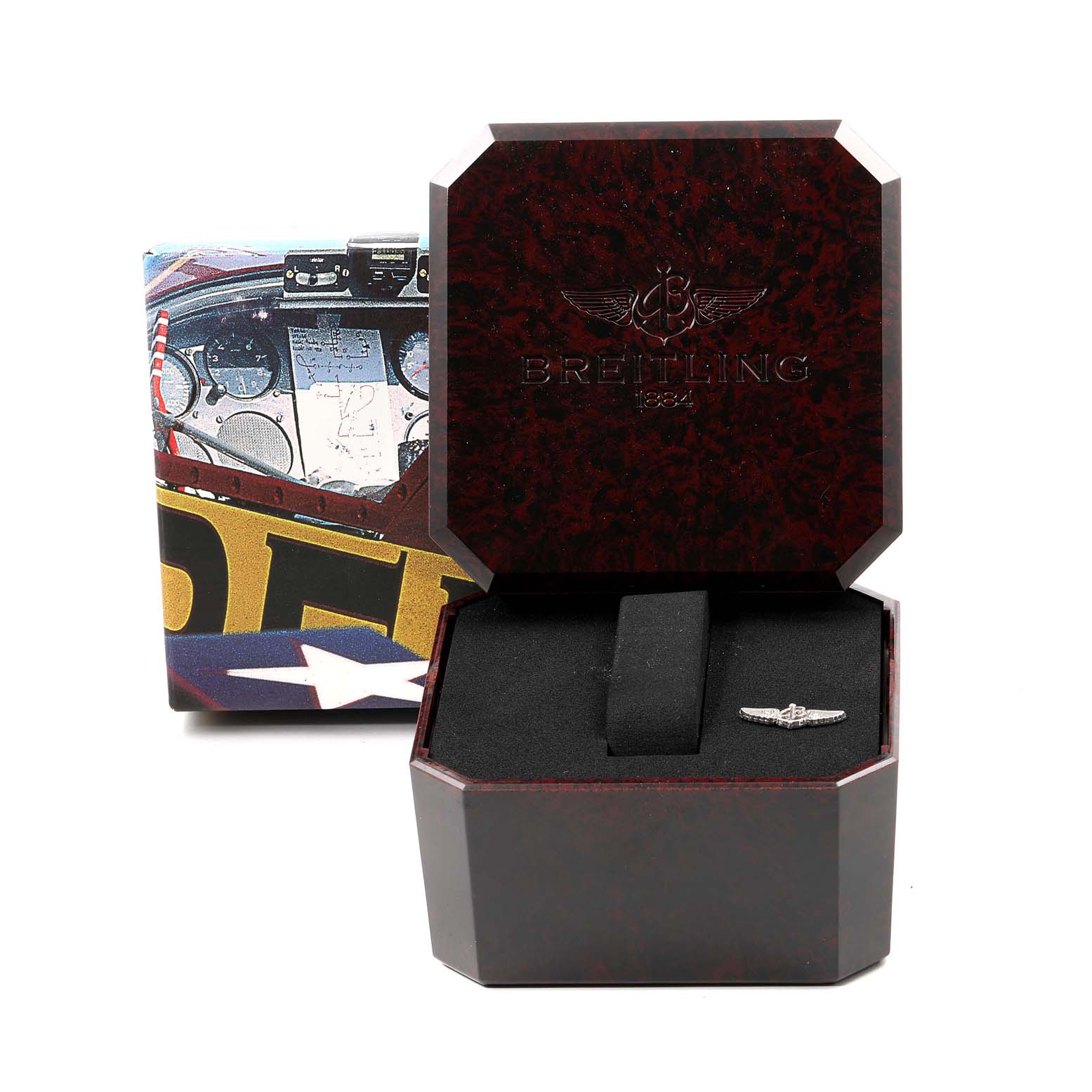 The image shows a Breitling Navitimer A19340 Men's Stainless Steel Silver Dial A19340 Men's Stainless Steel Silver Dial watch box, open to display the brand's emblem inside, with the closed box in the background.