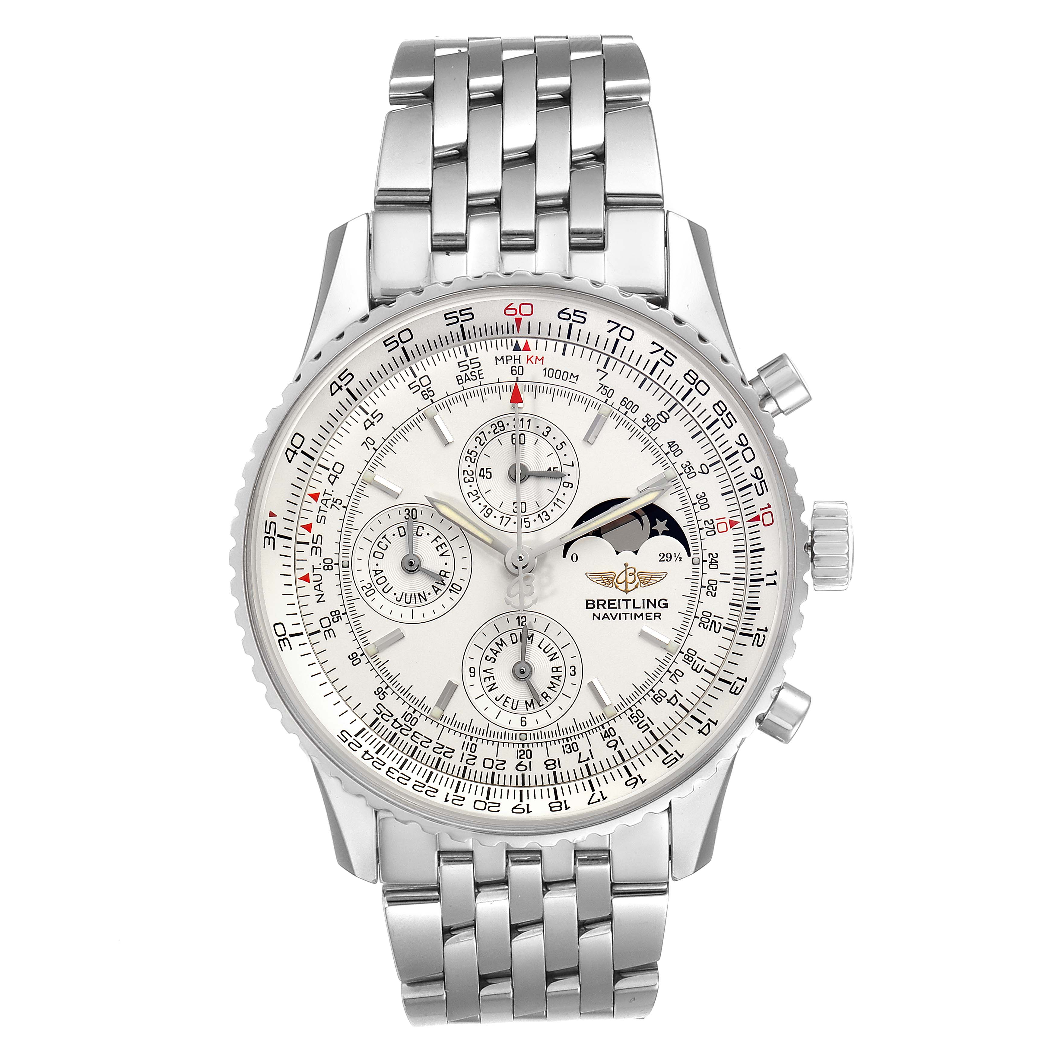 This image shows a front view of the Breitling Navitimer A19340 Men's Stainless Steel Silver Dial A19340 Men's Stainless Steel Silver Dial watch, displaying the watch face, bracelet, and pushers.