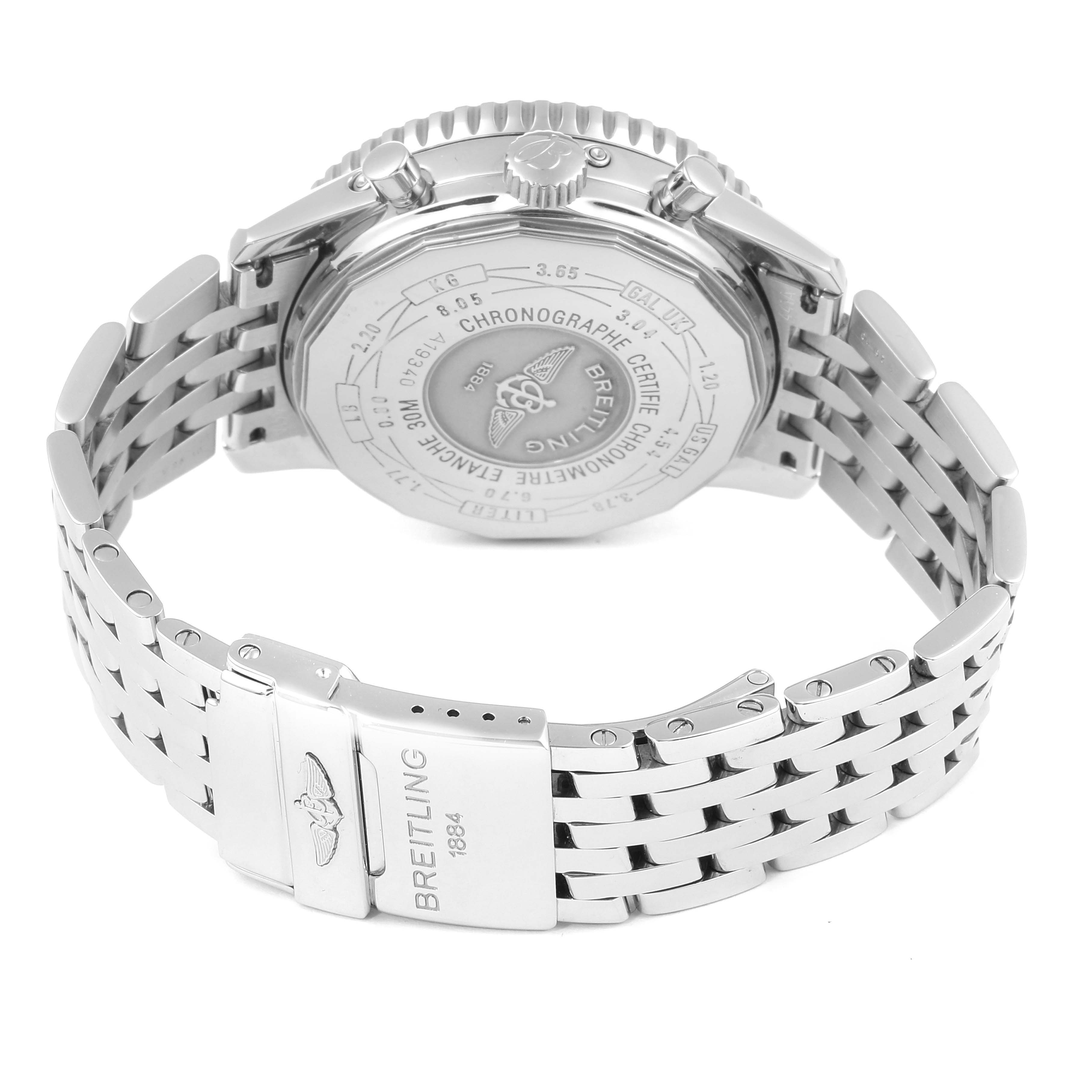 The image shows the back and part of the bracelet of a Breitling Navitimer A19340 Men's Stainless Steel Silver Dial A19340 Men's Stainless Steel Silver Dial watch.