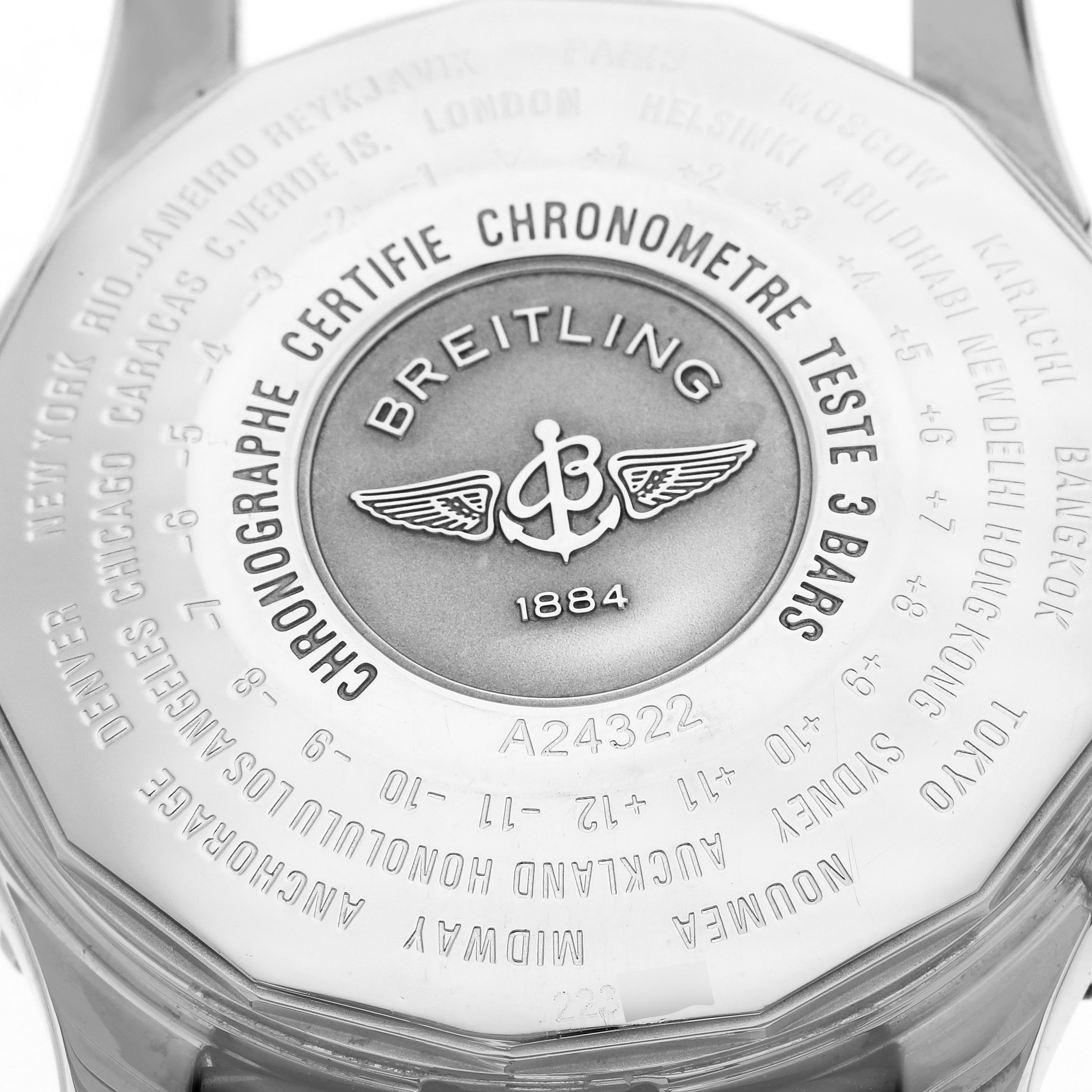 The image shows the back case of a Breitling Navitimer A24322 Men's Stainless Steel Silver Dial A24322 Men's Stainless Steel Silver Dial, featuring engraved branding and city names.