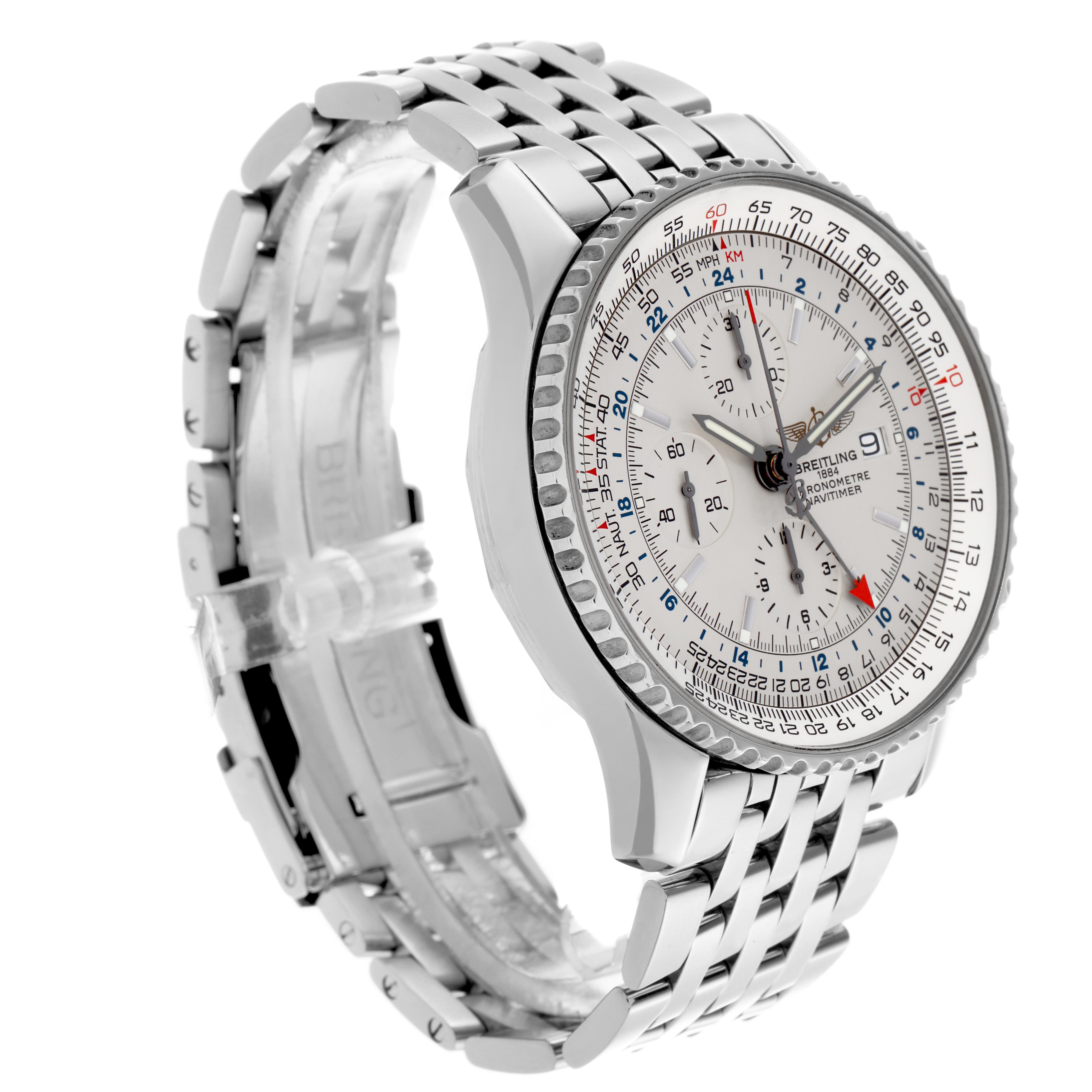 The Breitling Navitimer A24322 Men's Stainless Steel Silver Dial A24322 Men's Stainless Steel Silver Dial watch is shown from a front-left angle, displaying its detailed dial and metal bracelet.