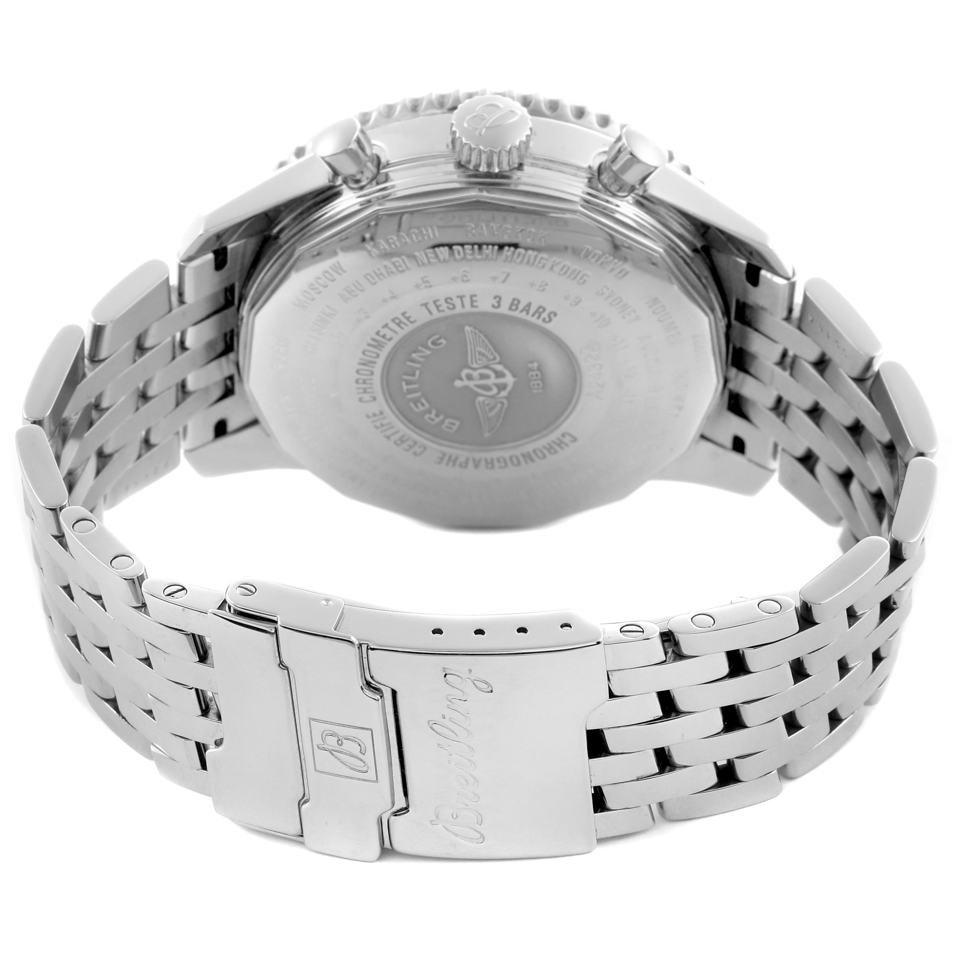 The image shows the back and clasp of a Breitling Navitimer A24322 Men's Stainless Steel Silver Dial A24322 Men's Stainless Steel Silver Dial watch, highlighting the engraved case back and metal bracelet.