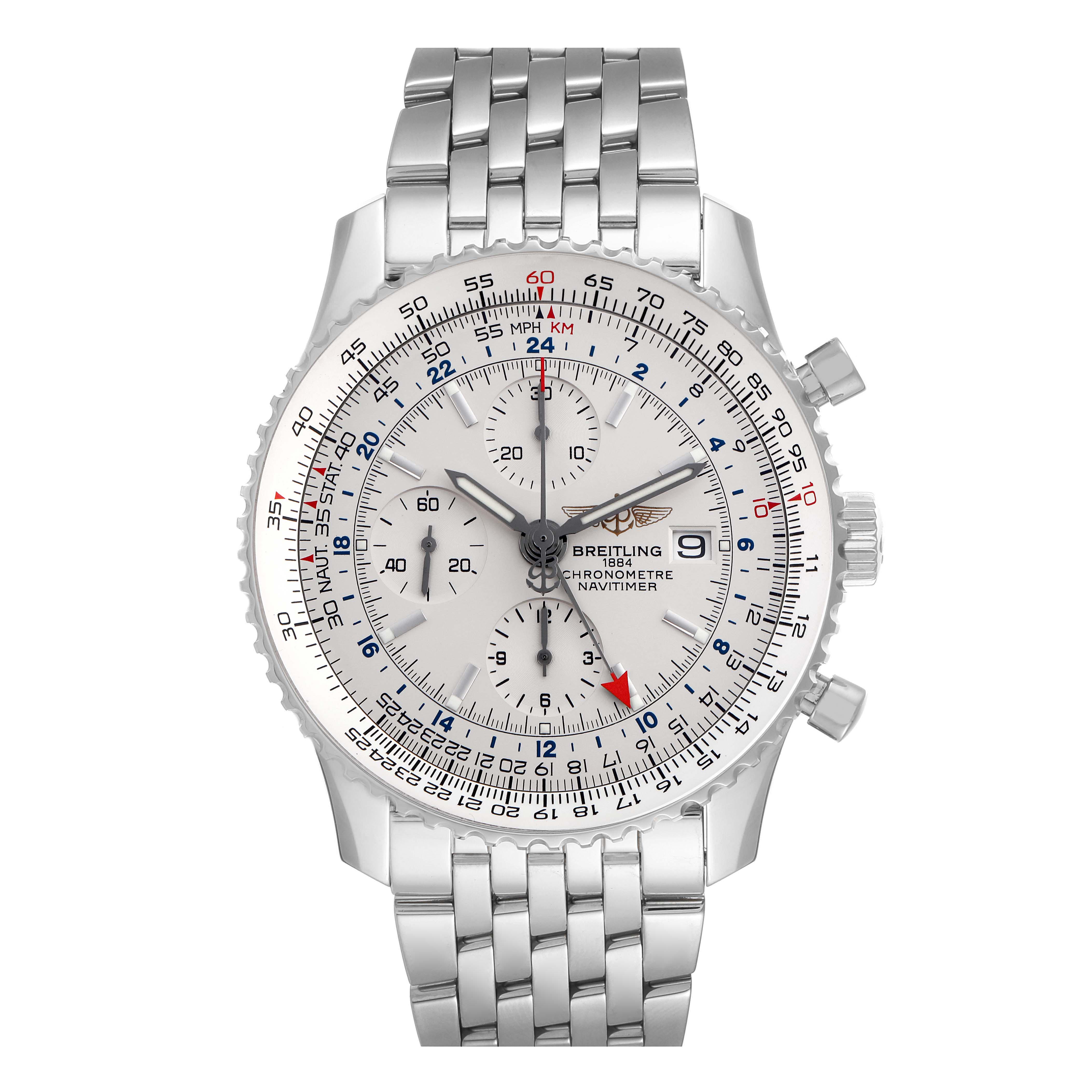 The Breitling Navitimer A24322 Men's Stainless Steel Silver Dial A24322 Men's Stainless Steel Silver Dial watch is shown from the front, displaying its dial, bezel, and bracelet prominently.