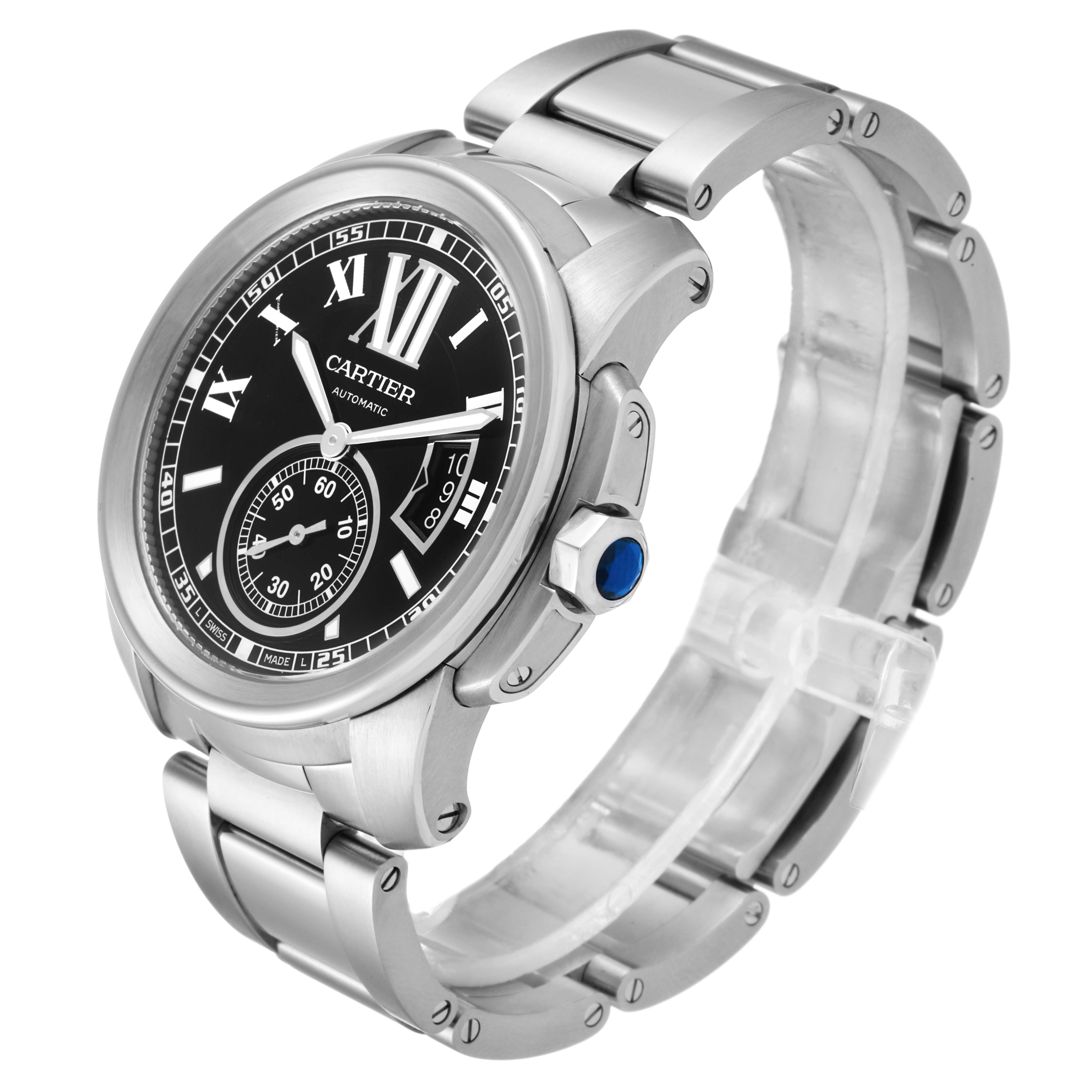 The image shows a Calibre de Cartier watch by Cartier from a slight side angle, displaying the watch face, case, crown, and bracelet.