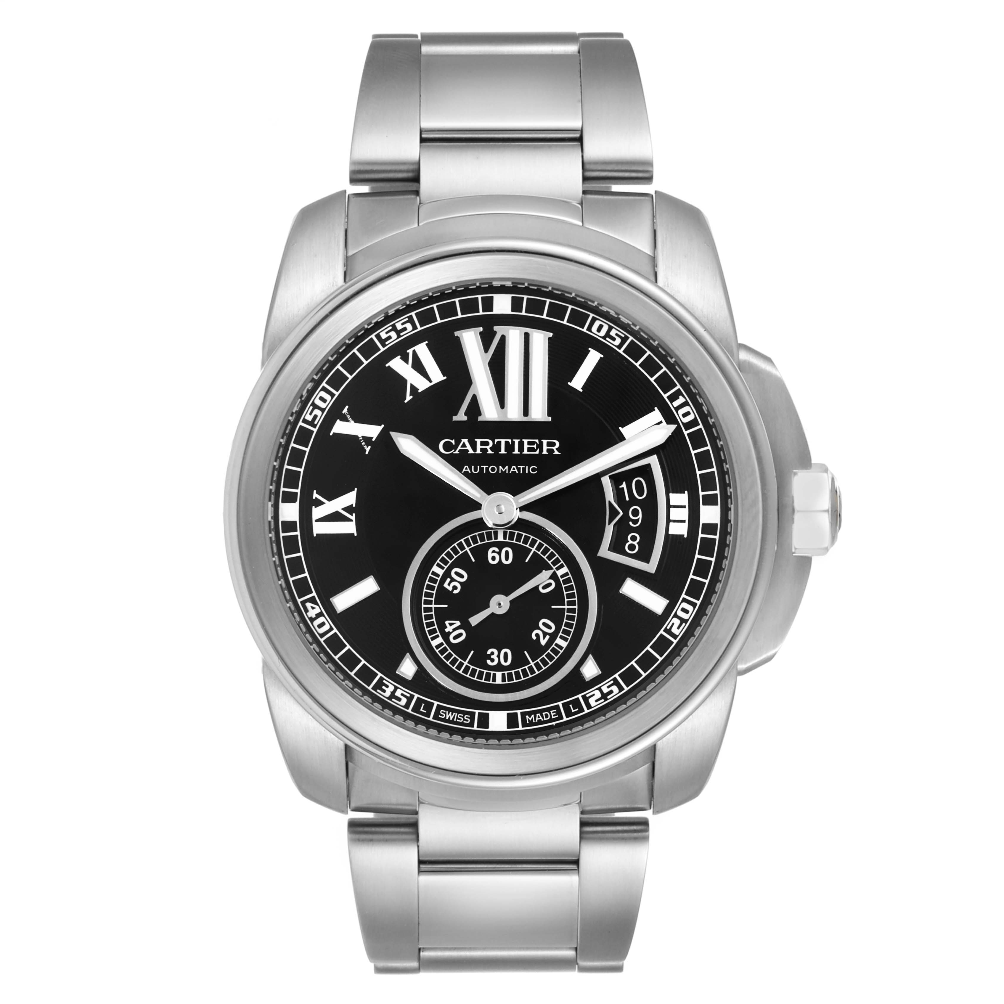 This image shows a front view of a Calibre de Cartier watch by Cartier, featuring its black dial, stainless steel bracelet, and crown.