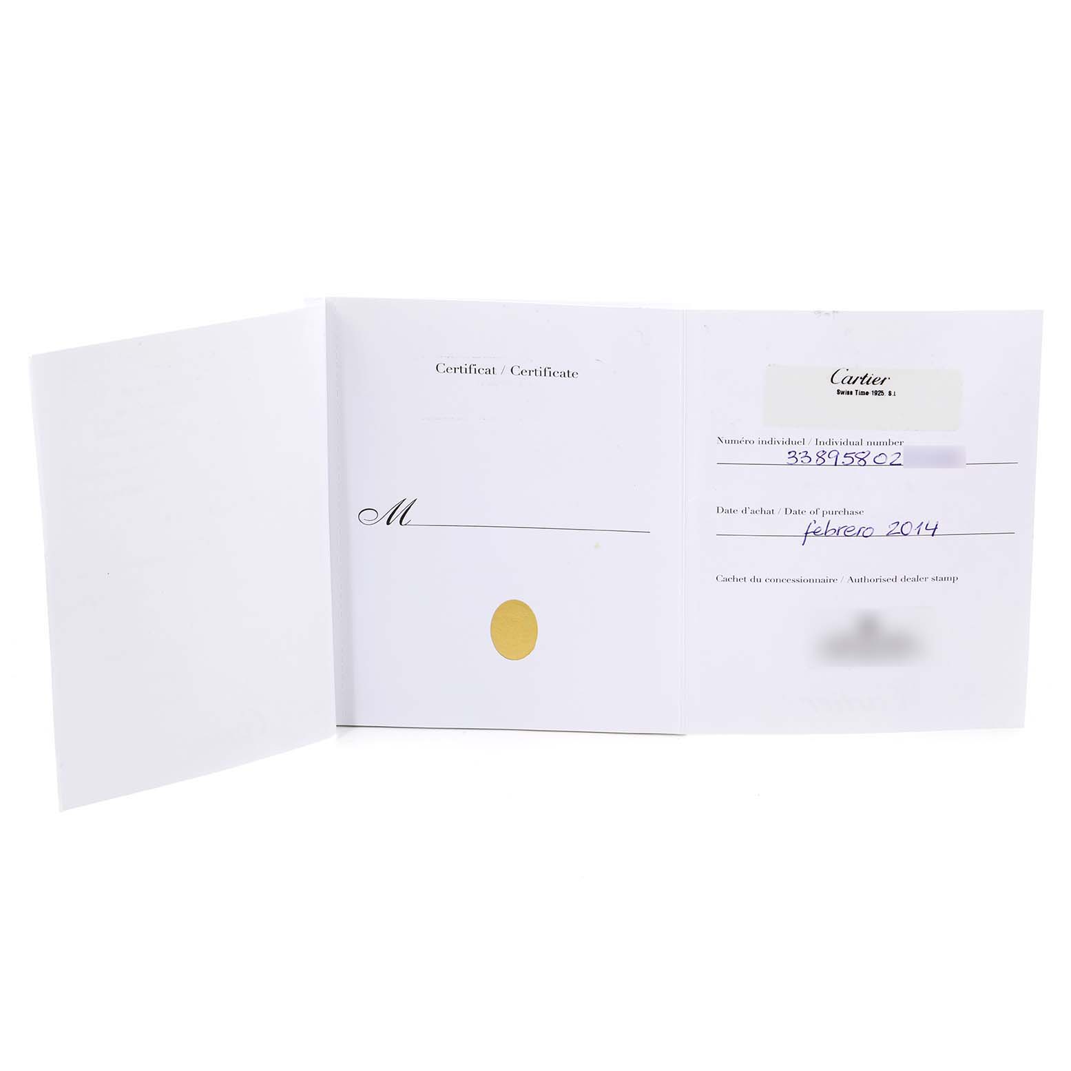 This is an opened certificate for the Calibre de Cartier model by Cartier, displaying serial information and purchase date.