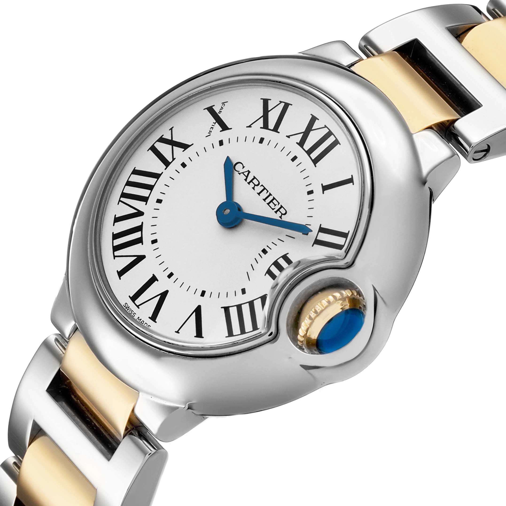 The Cartier Ballon Bleu W69007Z3 Women's Steel and Gold (two tone) Silver Dial watch is shown from an angled side view, highlighting the face, crown, and part of the bracelet.