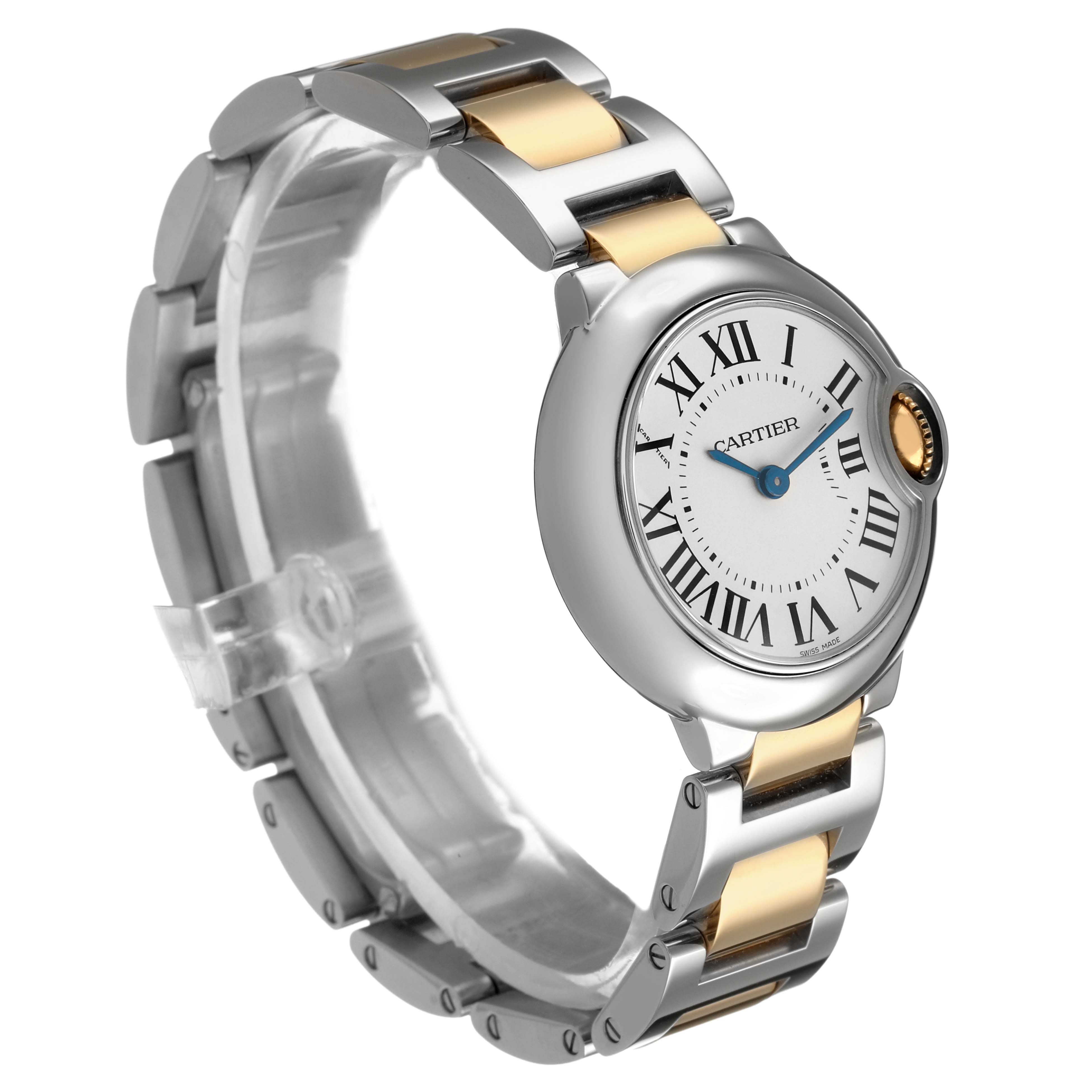 The Cartier Ballon Bleu W69007Z3 Women's Steel and Gold (two tone) Silver Dial watch is shown at a three-quarter angle, highlighting its round face, Roman numerals, and metal strap.