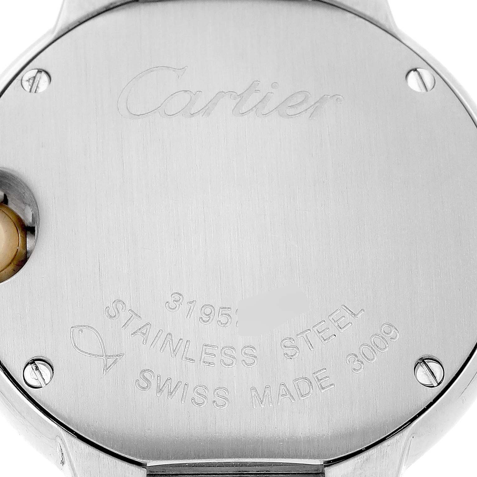 The image shows the back case of a Cartier Ballon Bleu W69007Z3 Women's Steel and Gold (two tone) Silver Dial watch, featuring engraved branding and manufacturing details.
