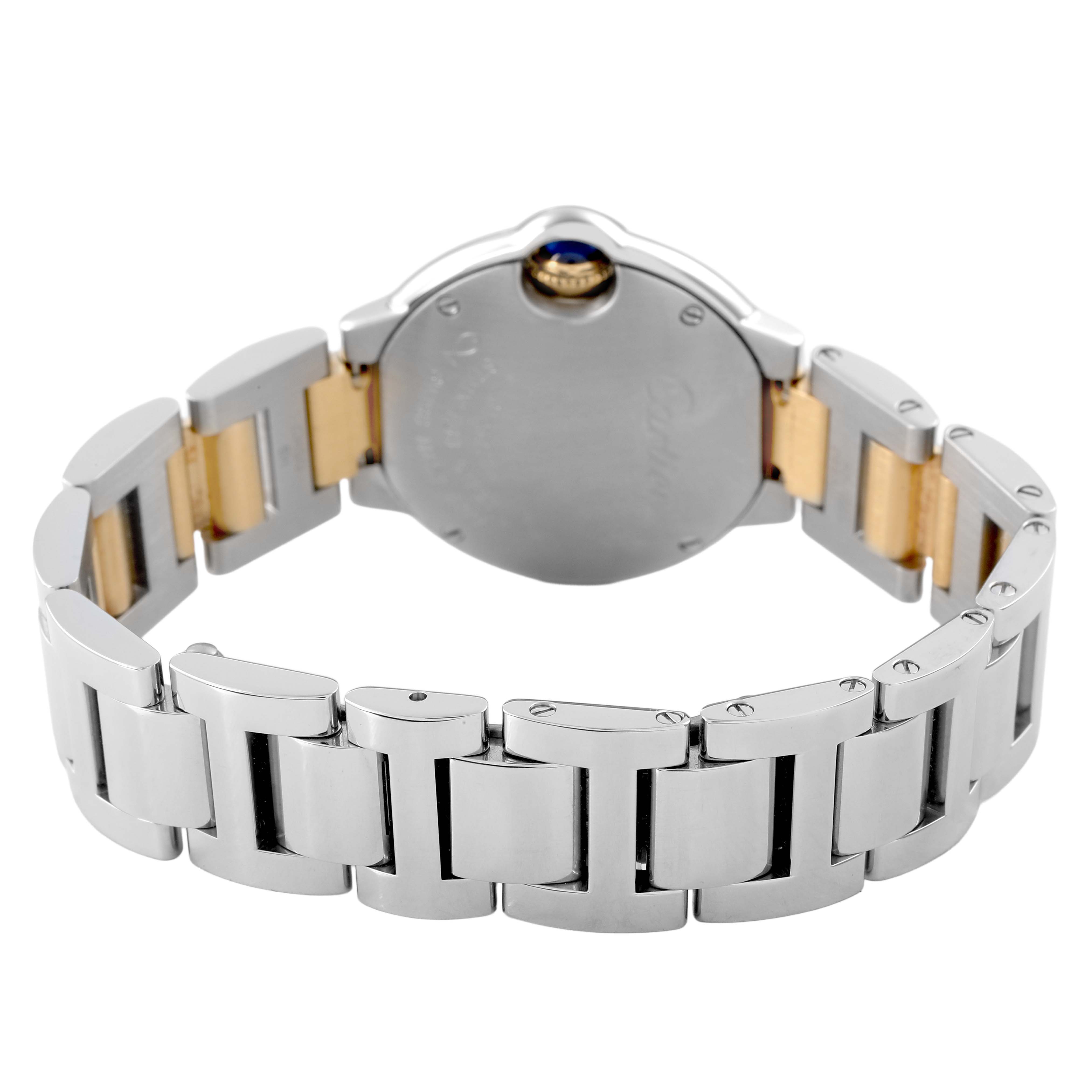 The image shows the back view of a Cartier Ballon Bleu W69007Z3 Women's Steel and Gold (two tone) Silver Dial watch, highlighting its metal bracelet and crown.