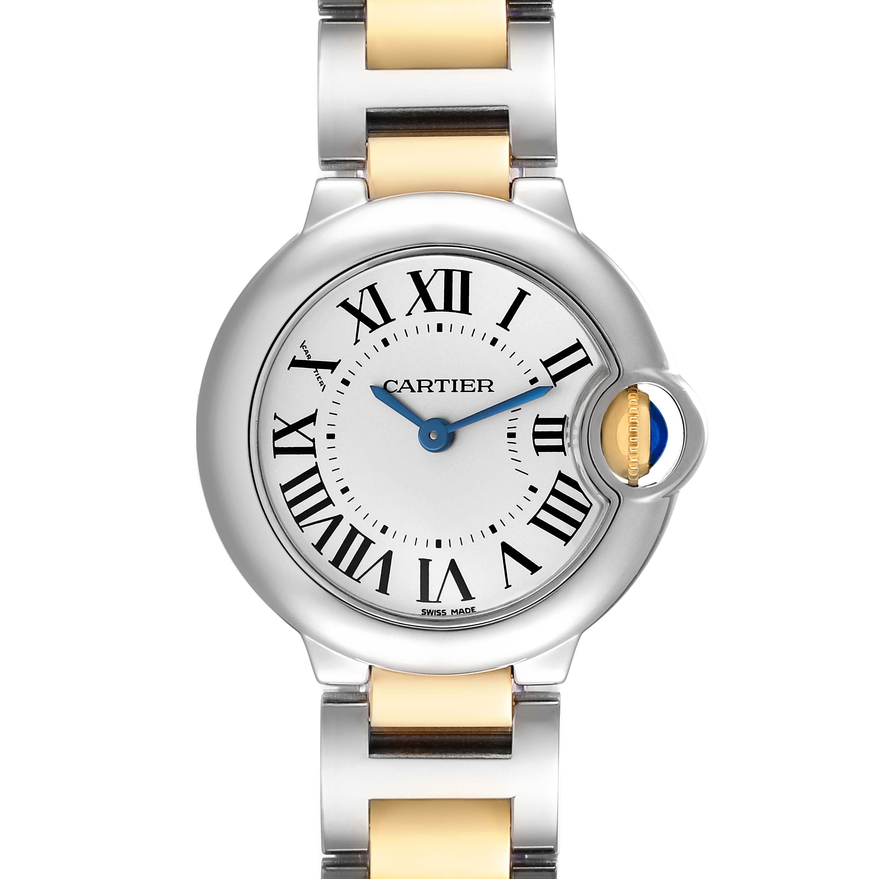 The Cartier Ballon Bleu W69007Z3 Women's Steel and Gold (two tone) Silver Dial watch is shown from a front angle, highlighting its face, Roman numerals, and mixed metal bracelet.