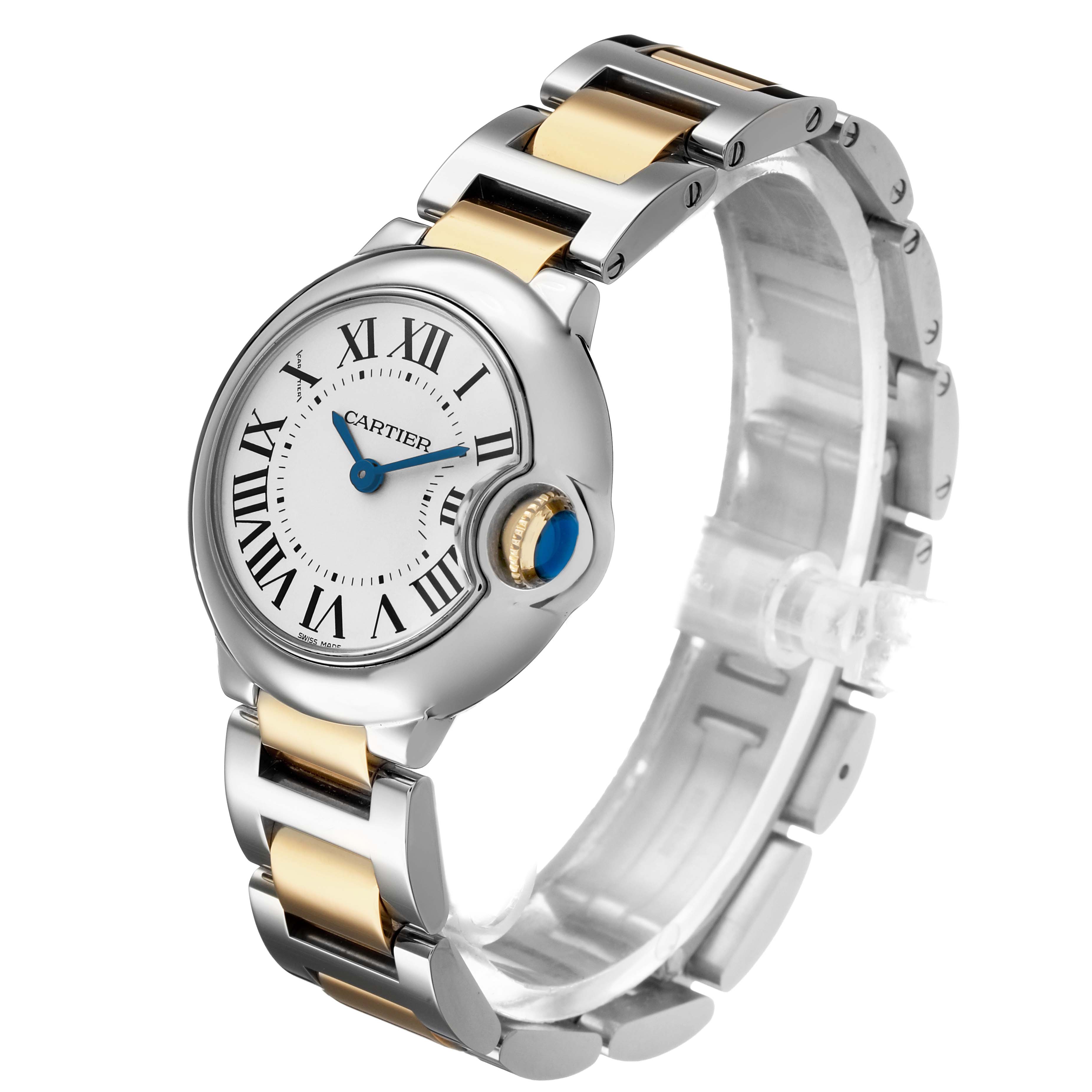 The Cartier Ballon Bleu W69007Z3 Women's Steel and Gold (two tone) Silver Dial watch is shown at an angle highlighting the dual-tone bracelet and crown with a blue cabochon.