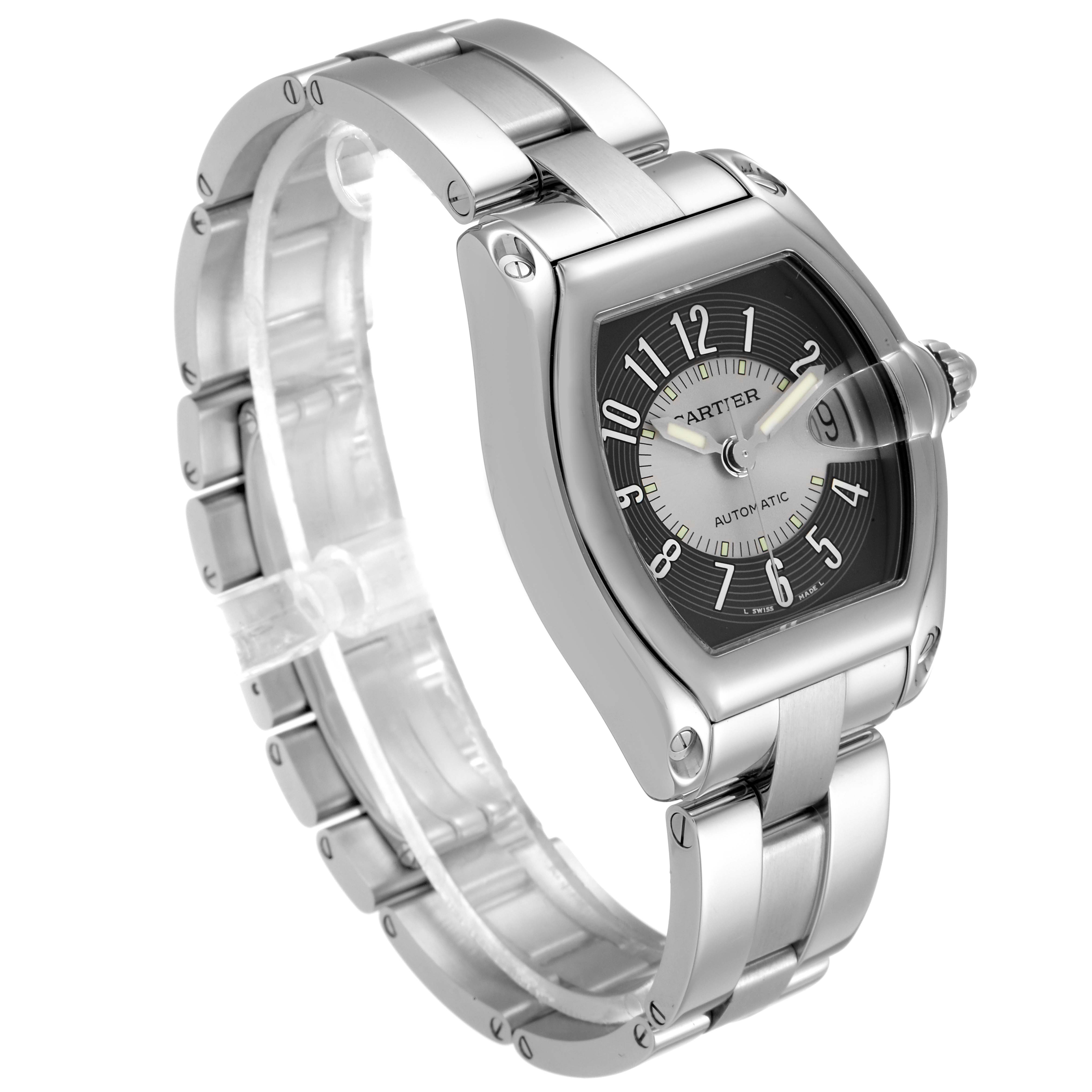 The image shows a Cartier Roadster W62001V3 Men's Stainless Steel Grey Dial W62001V3 Men's Stainless Steel Grey Dial watch from a three-quarter angle, highlighting its dial, bracelet, and crown.