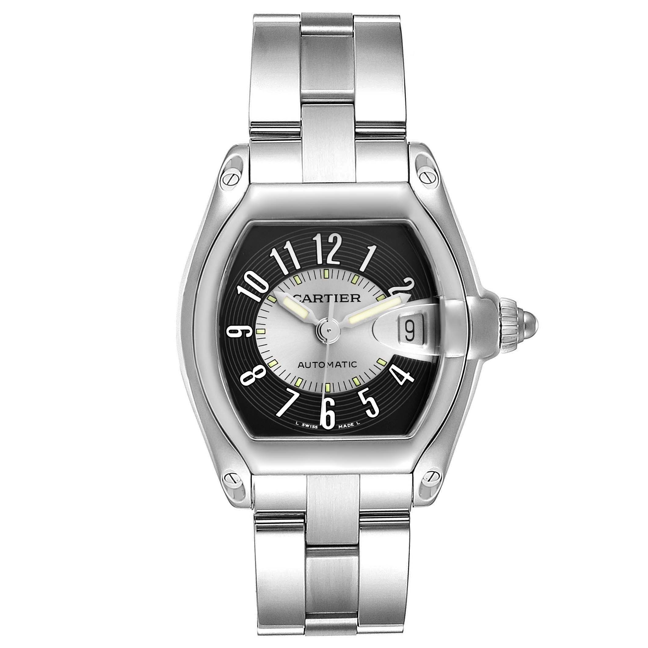 This image shows a Cartier Roadster W62001V3 Men's Stainless Steel Grey Dial W62001V3 Men's Stainless Steel Grey Dial model watch taken from a top-down angle displaying the face, bezel, case, bracelet, and crown.