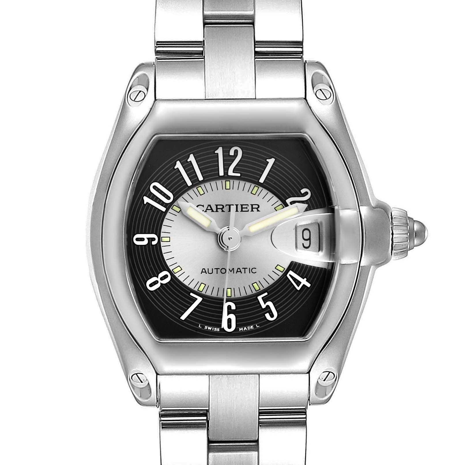The image shows a Cartier Roadster W62001V3 Men's Stainless Steel Grey Dial W62001V3 Men's Stainless Steel Grey Dial watch from a frontal angle, highlighting the dial, hands, date display, and stainless steel bracelet.