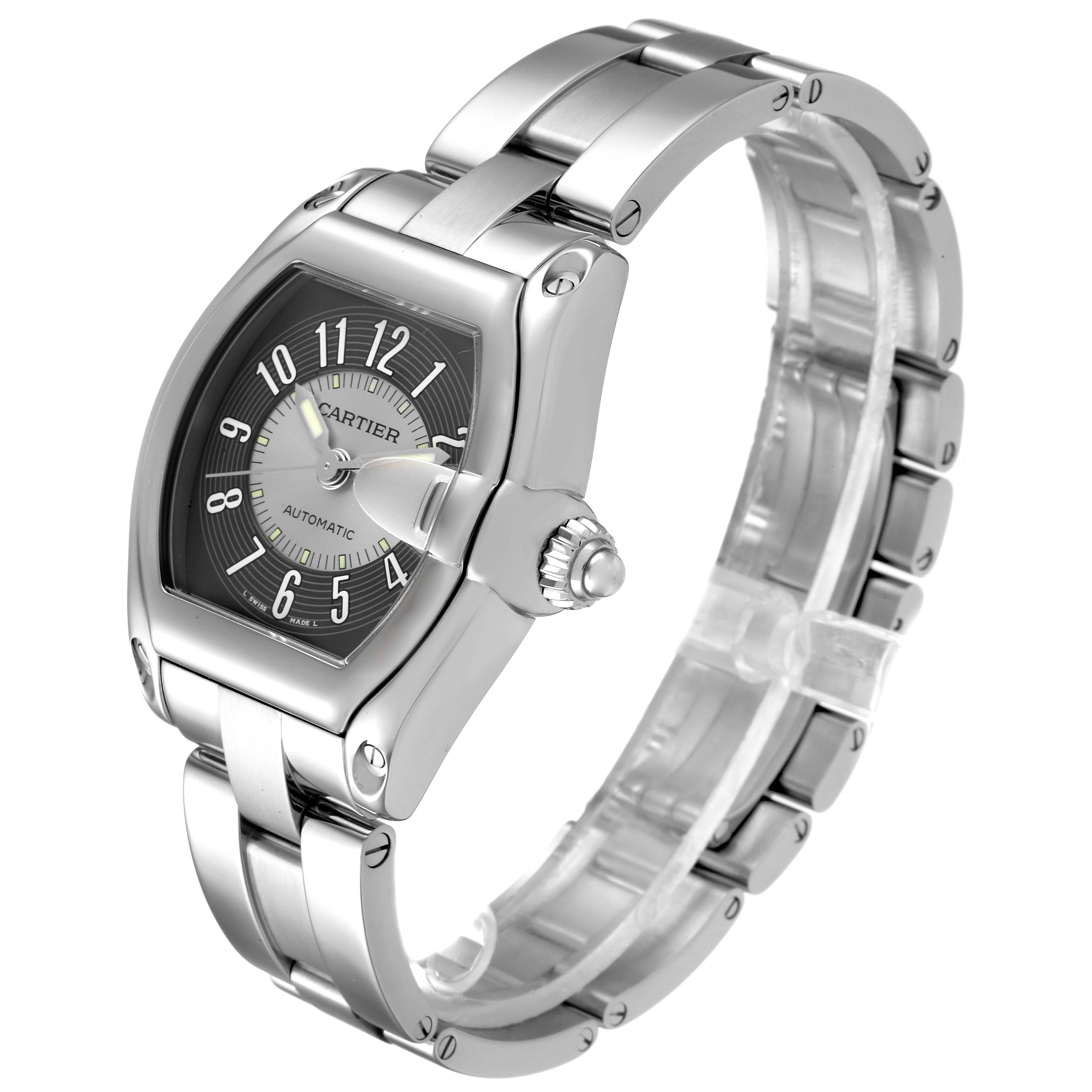 The Cartier Roadster W62001V3 Men's Stainless Steel Grey Dial W62001V3 Men's Stainless Steel Grey Dial watch is shown at a side angle, displaying the dial, crown, and metal bracelet.