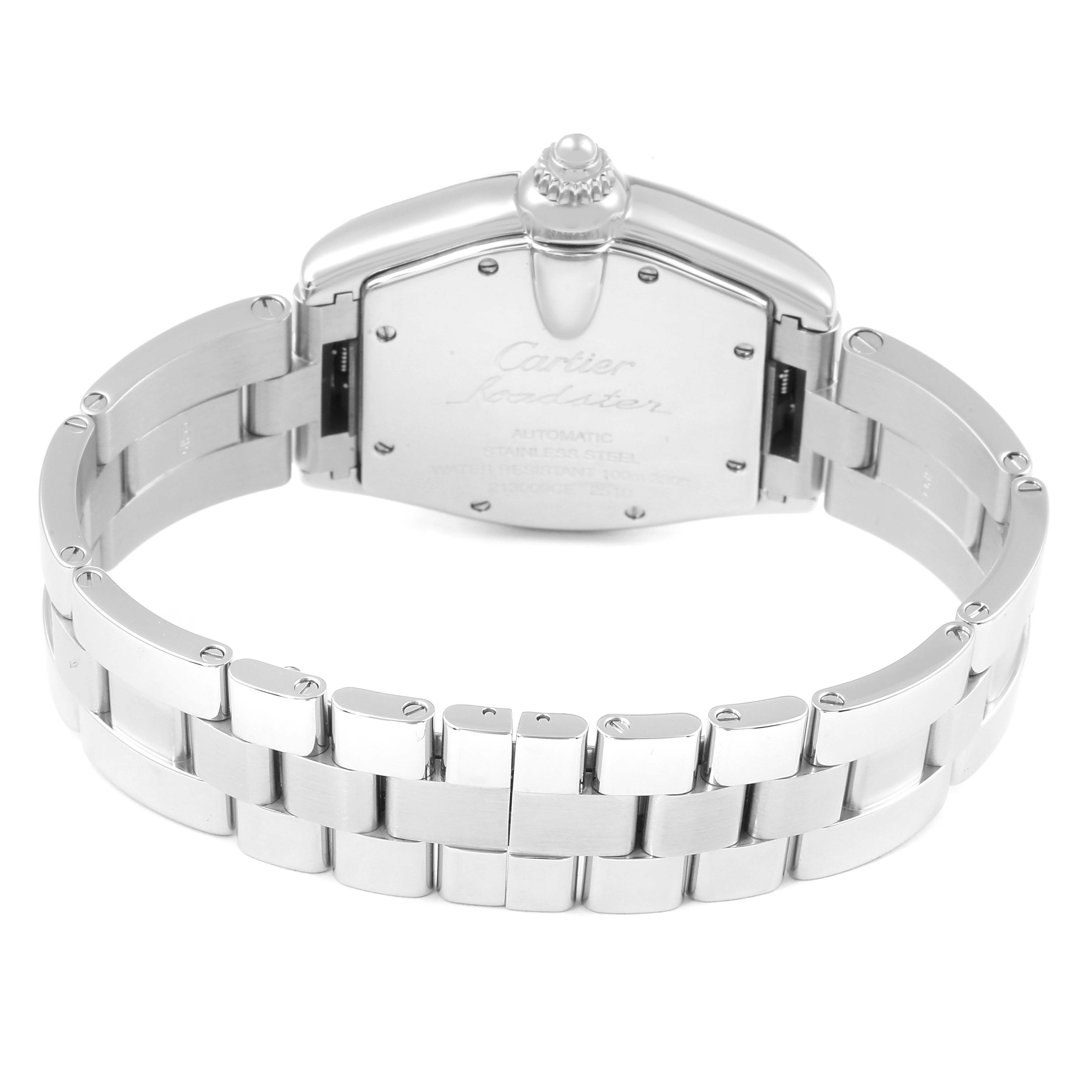 The image shows the back view of a Cartier Roadster W62001V3 Men's Stainless Steel Grey Dial W62001V3 Men's Stainless Steel Grey Dial watch, highlighting its stainless steel bracelet and case back.
