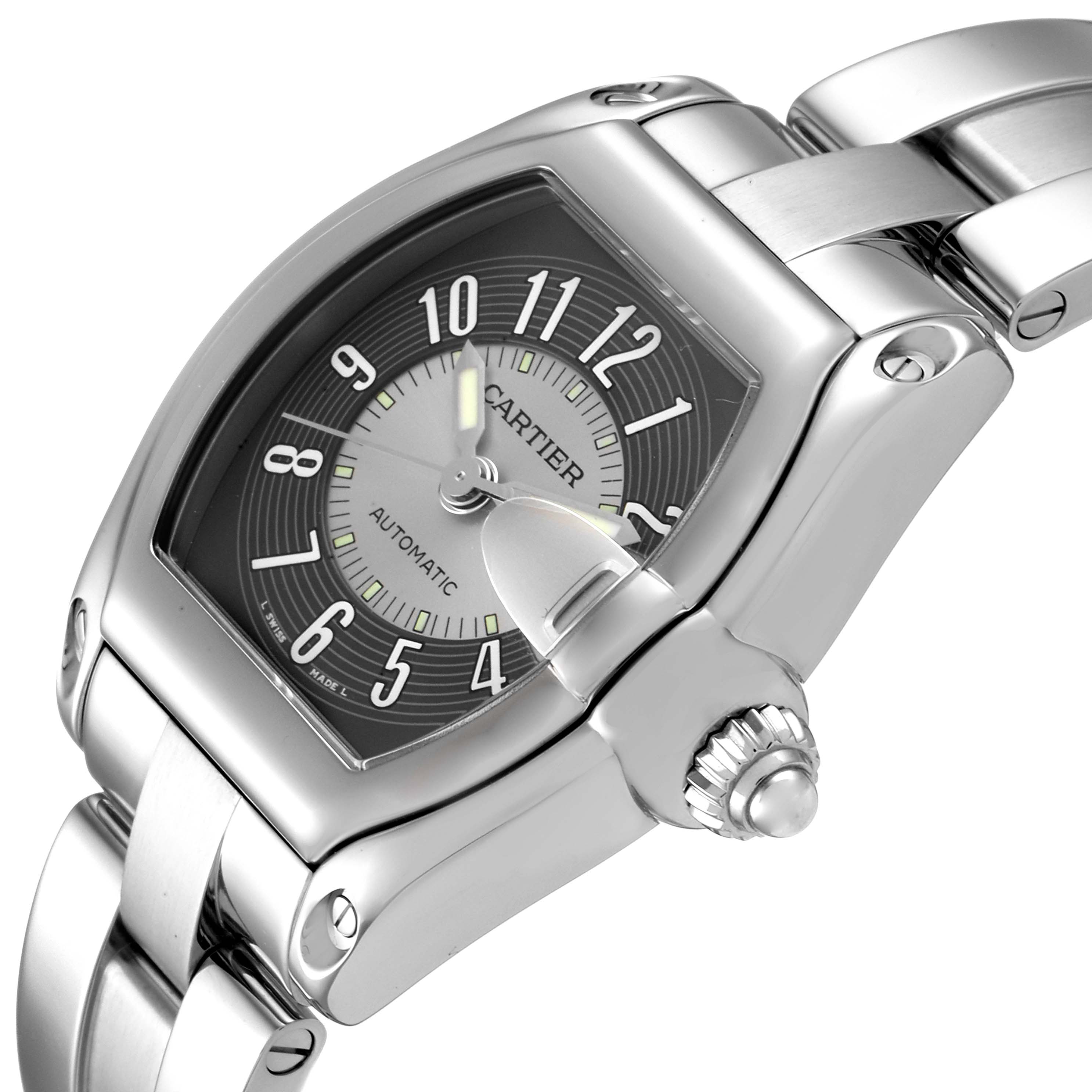 The image shows a close-up angled view of the Cartier Roadster W62001V3 Men's Stainless Steel Grey Dial W62001V3 Men's Stainless Steel Grey Dial watch, highlighting the dial, case, crown, and part of the bracelet.