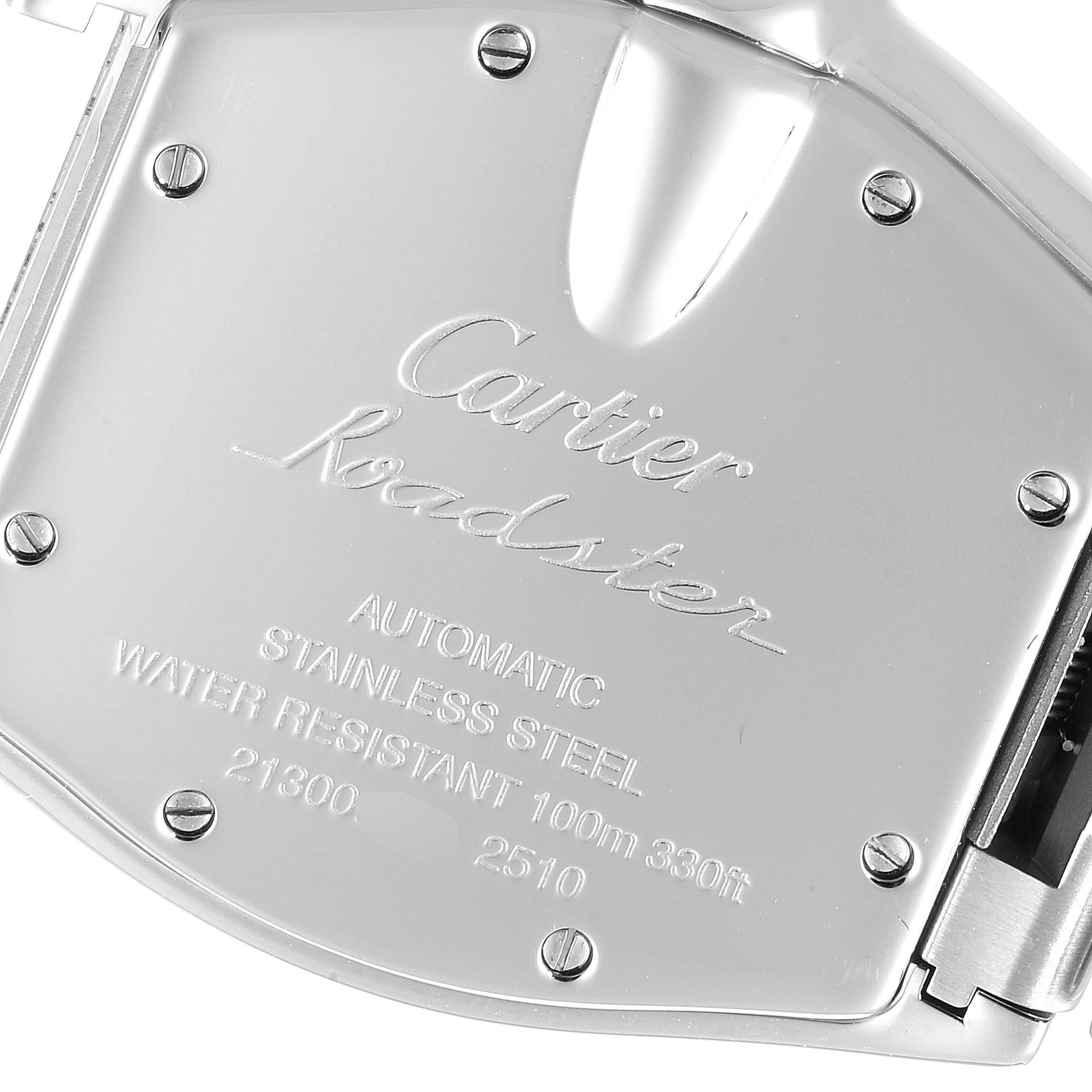 This image shows the back case of a Cartier Roadster W62001V3 Men's Stainless Steel Grey Dial W62001V3 Men's Stainless Steel Grey Dial watch, highlighting the engraved model details and some screws.