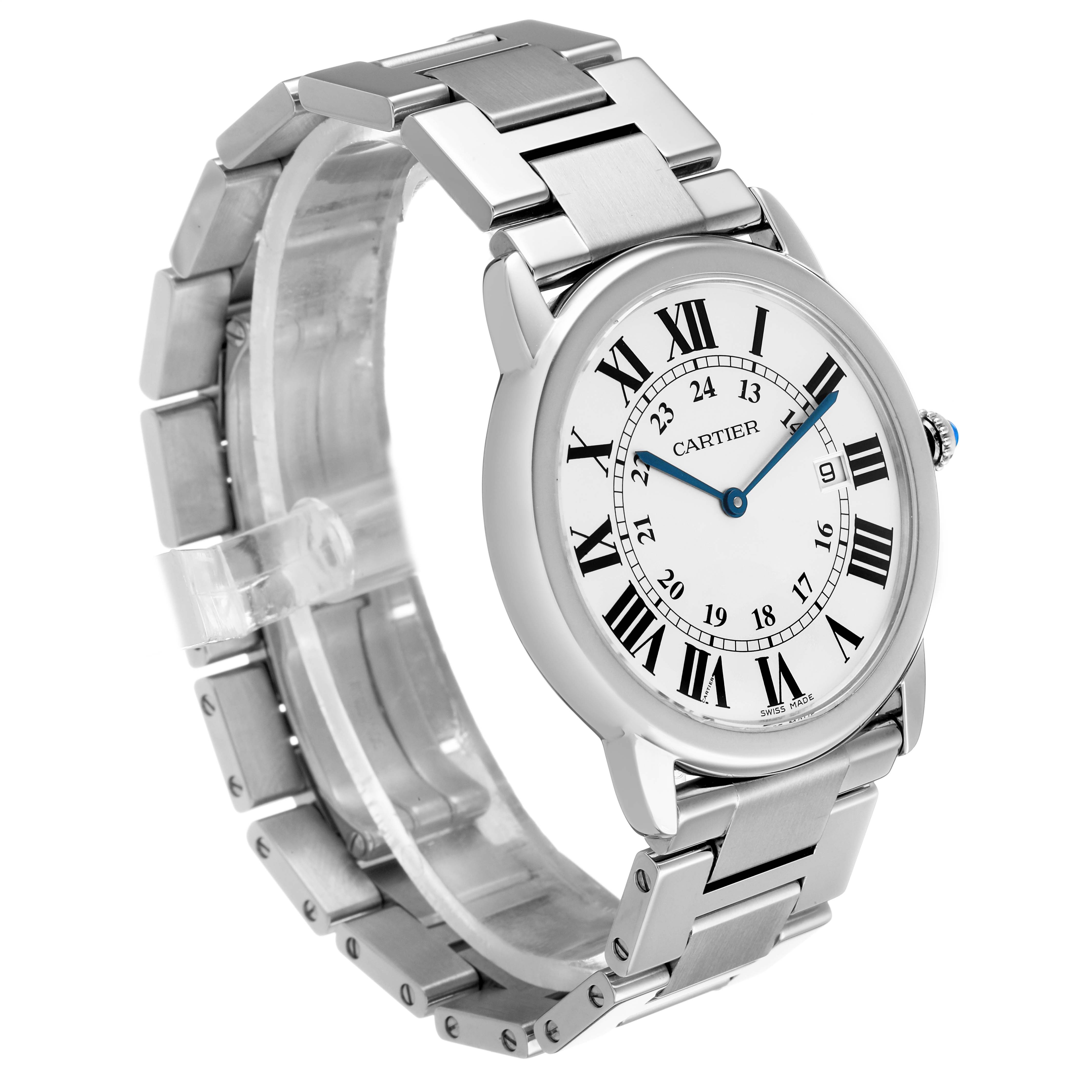 The Cartier Ronde W6701005 Men's Stainless Steel Silver Dial watch is shown at a slight angle, highlighting the face, crown, and metal bracelet.