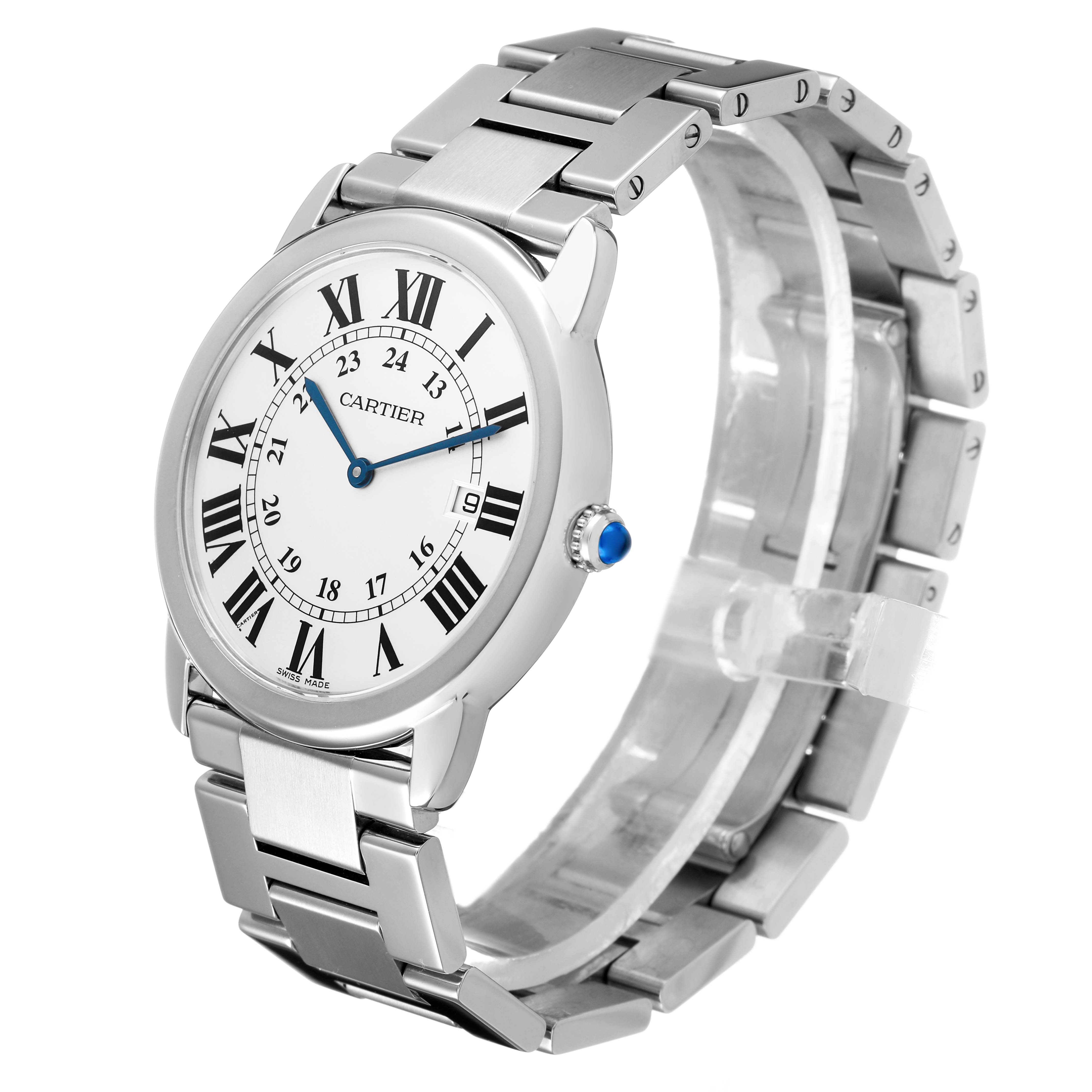 The Cartier Ronde W6701005 Men's Stainless Steel Silver Dial watch is shown at a three-quarter angle, highlighting its round face, Roman numeral dial, and metallic bracelet.