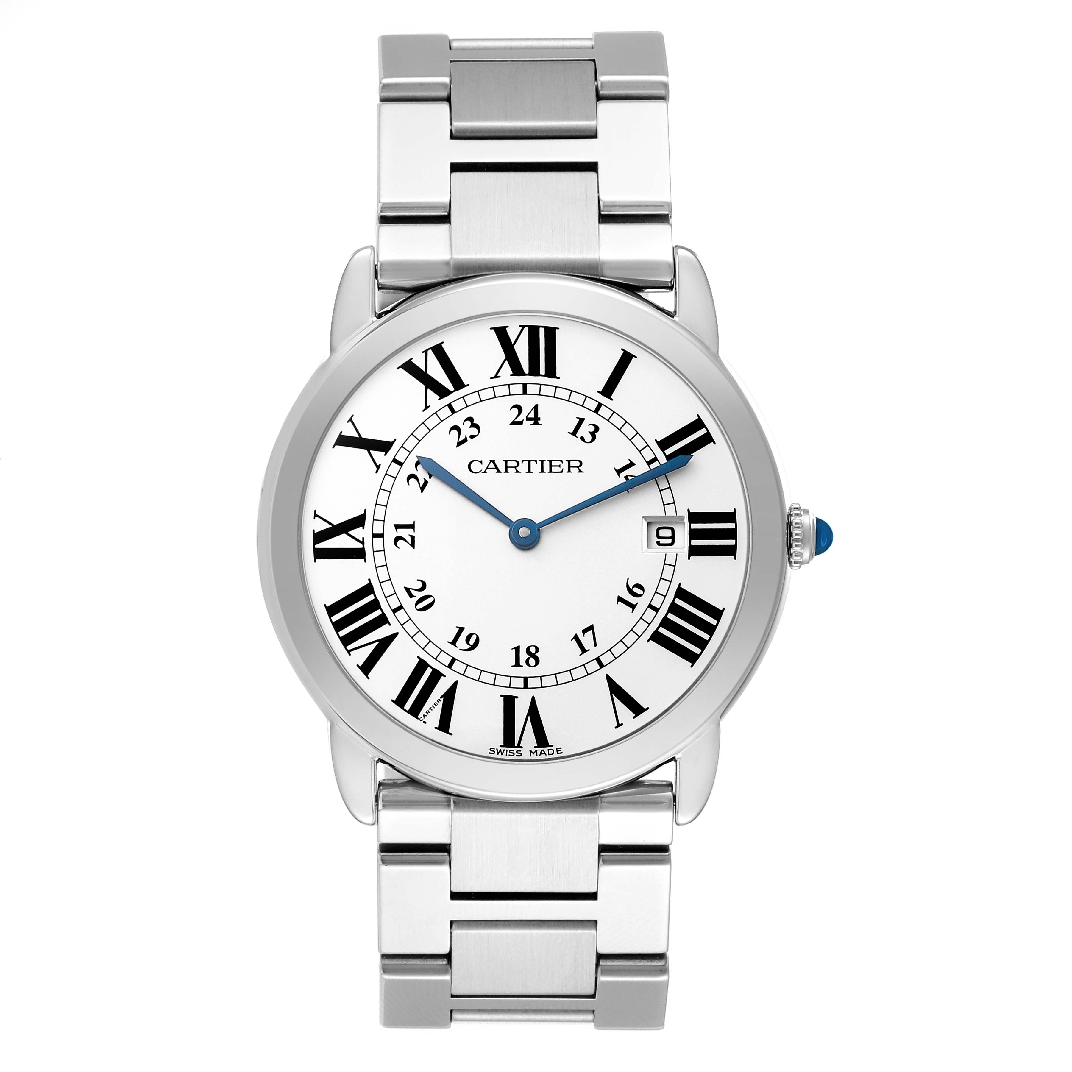 The Cartier Ronde W6701005 Men's Stainless Steel Silver Dial watch is shown from the front, displaying its silver bracelet, Roman numerals, and blue hands.