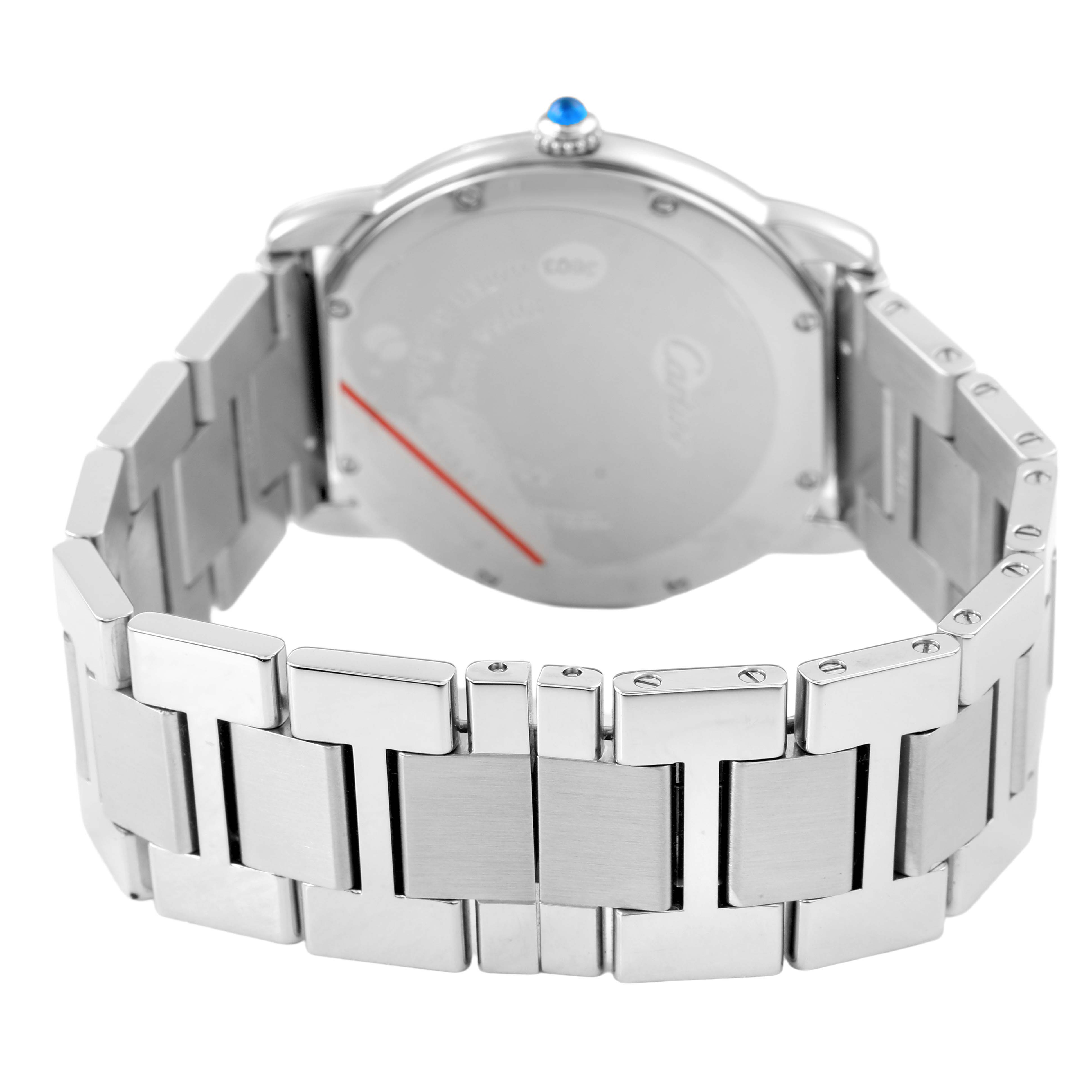 The image shows the back of a Cartier Ronde W6701005 Men's Stainless Steel Silver Dial model watch, highlighting its metal bracelet and caseback.