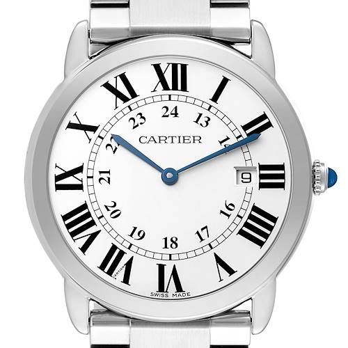 The Cartier Ronde W6701005 Men's Stainless Steel Silver Dial watch is shown from a front angle, highlighting the dial, Roman numerals, blue hands, and crown.