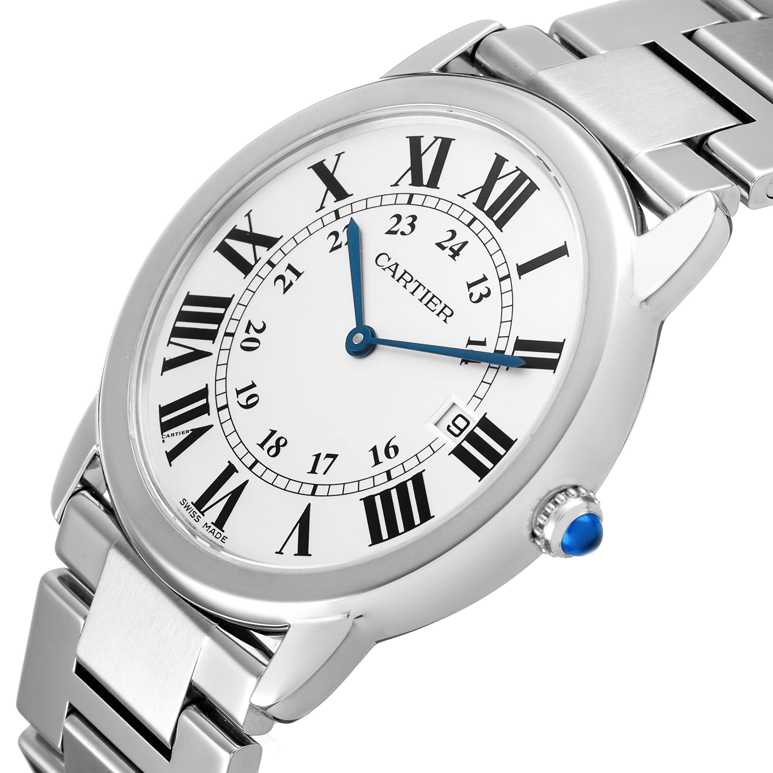 The Cartier Ronde W6701005 Men's Stainless Steel Silver Dial watch is shown at an oblique angle, highlighting the face, Roman numerals, and part of the metal bracelet.