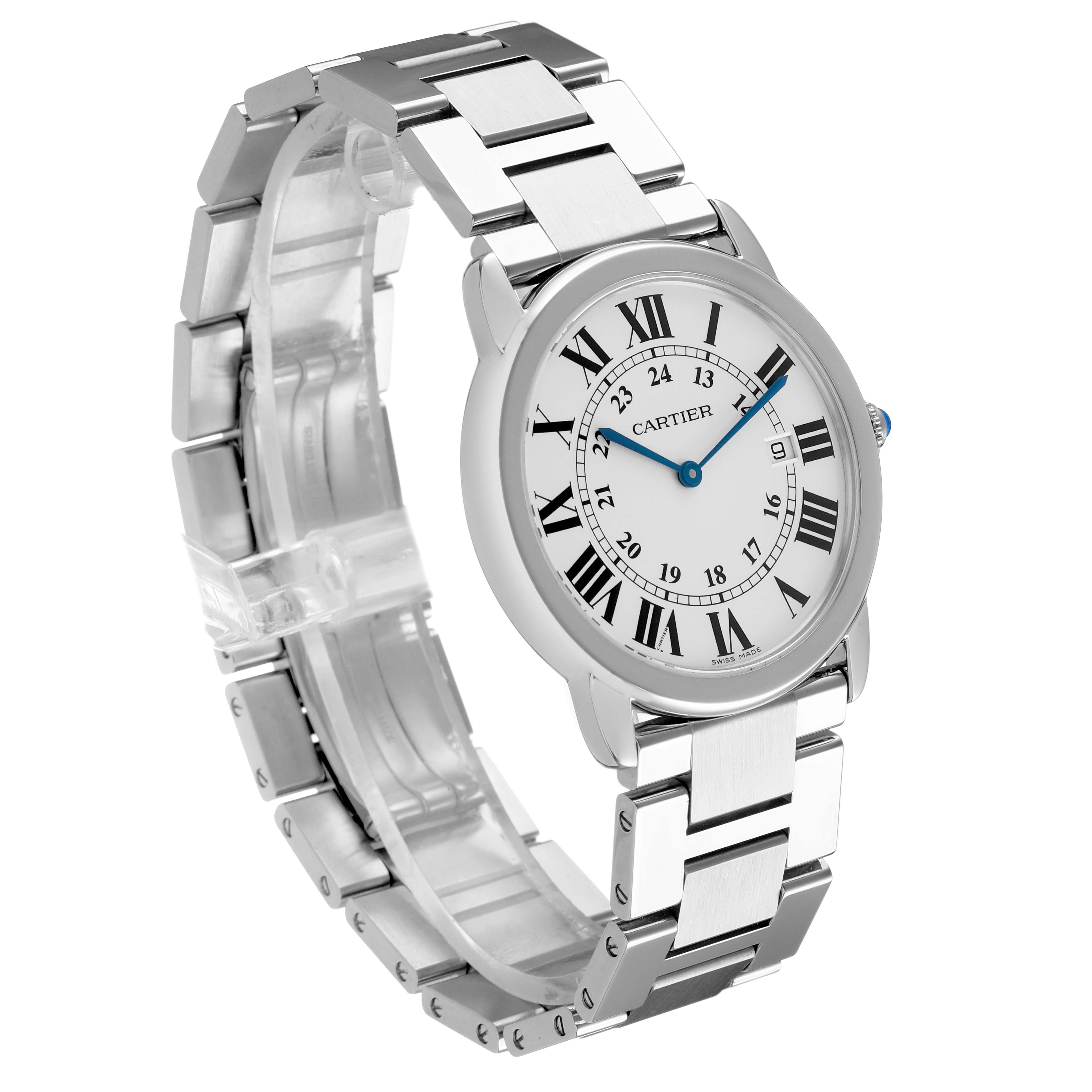 The Cartier Ronde W6701005 Men's Stainless Steel Silver Dial watch is shown at a three-quarter angle, highlighting the face, bracelet, and clasp.
