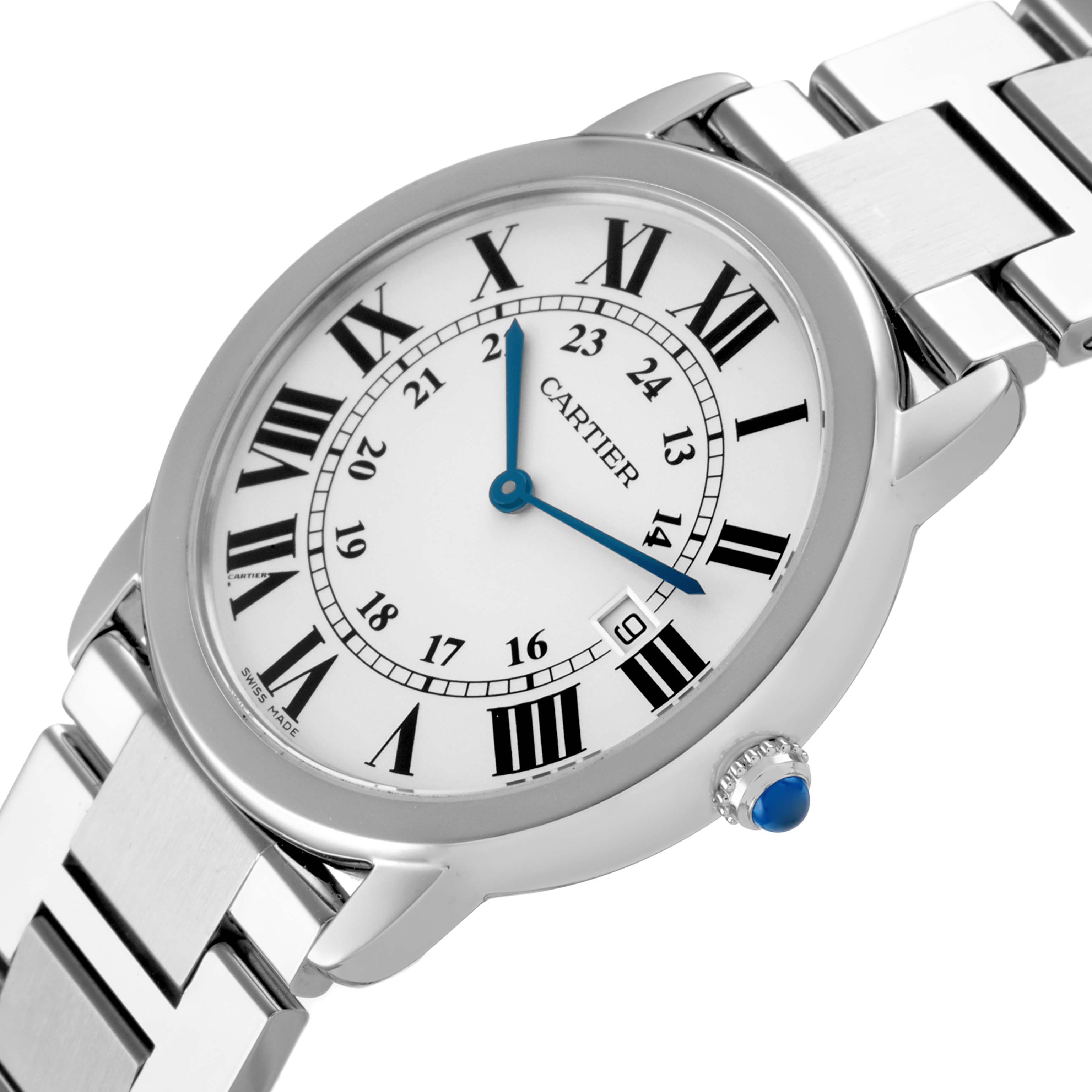 The Cartier Ronde W6701005 Men's Stainless Steel Silver Dial watch is shown from a slightly angled top view, highlighting the dial, Roman numerals, and metal bracelet.