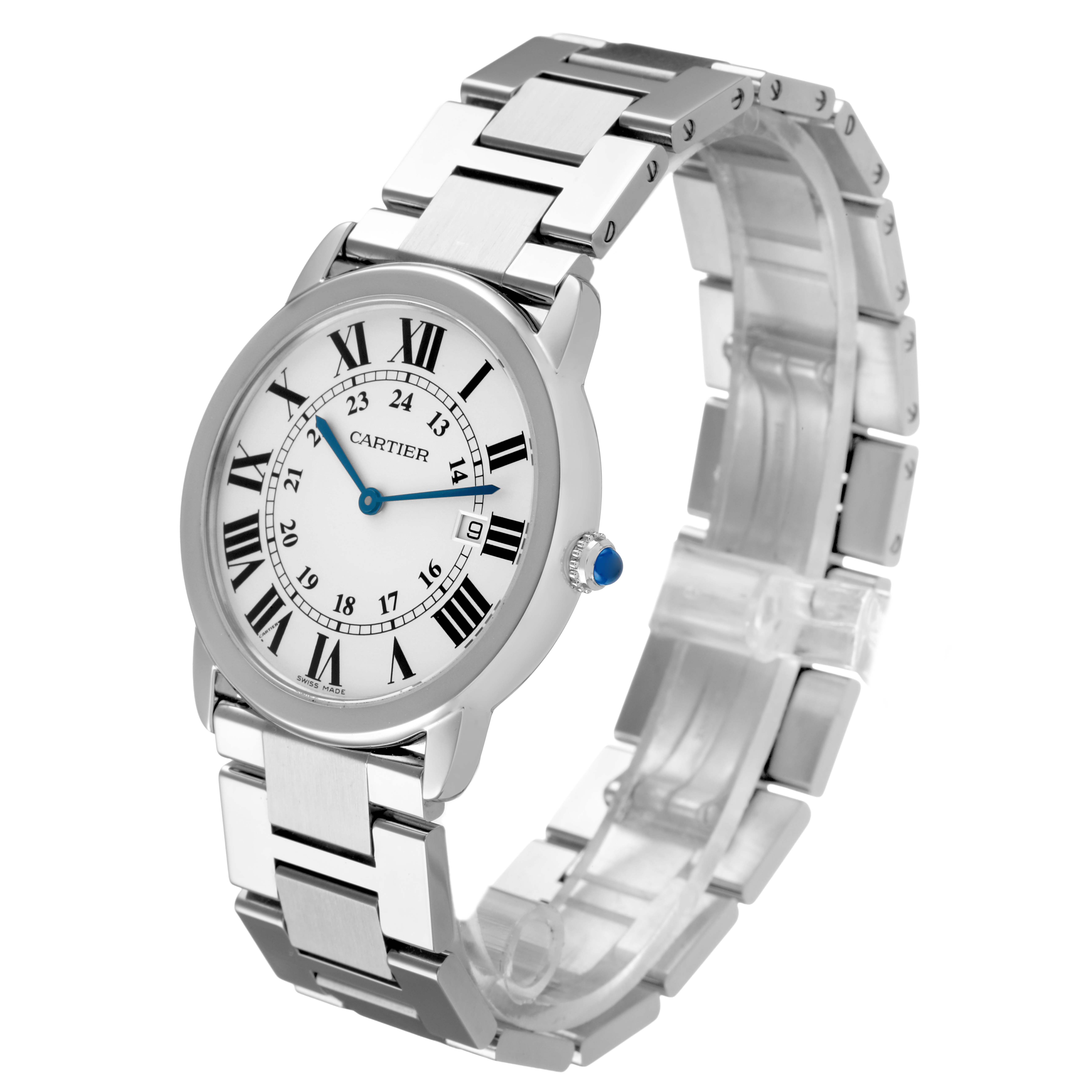 The Cartier Ronde W6701005 Men's Stainless Steel Silver Dial watch is shown at a three-quarter angle, highlighting the face, bezel, bracelet, and crown.