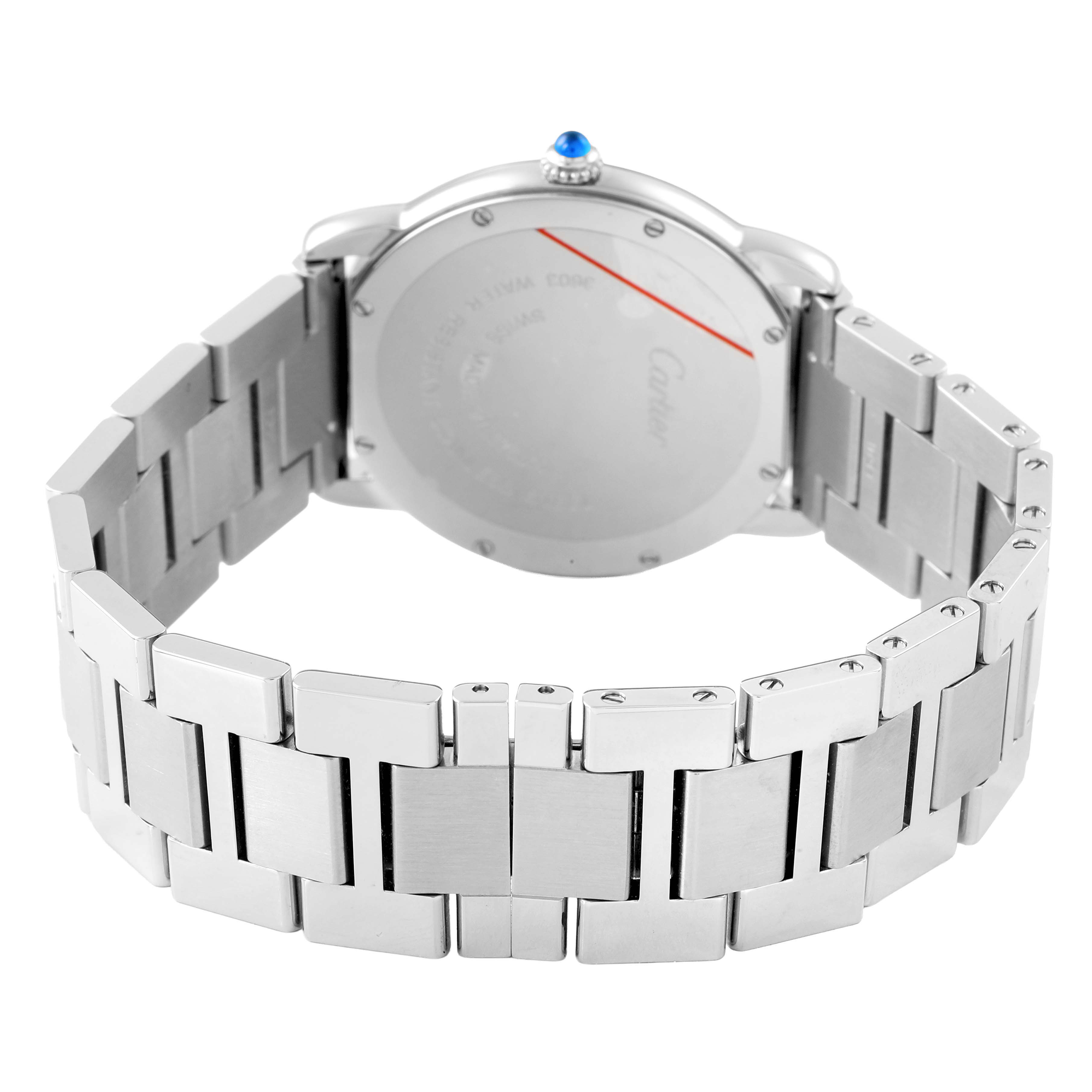 The image shows the back view of a Cartier Ronde W6701005 Men's Stainless Steel Silver Dial model watch, highlighting its stainless steel bracelet and case back.
