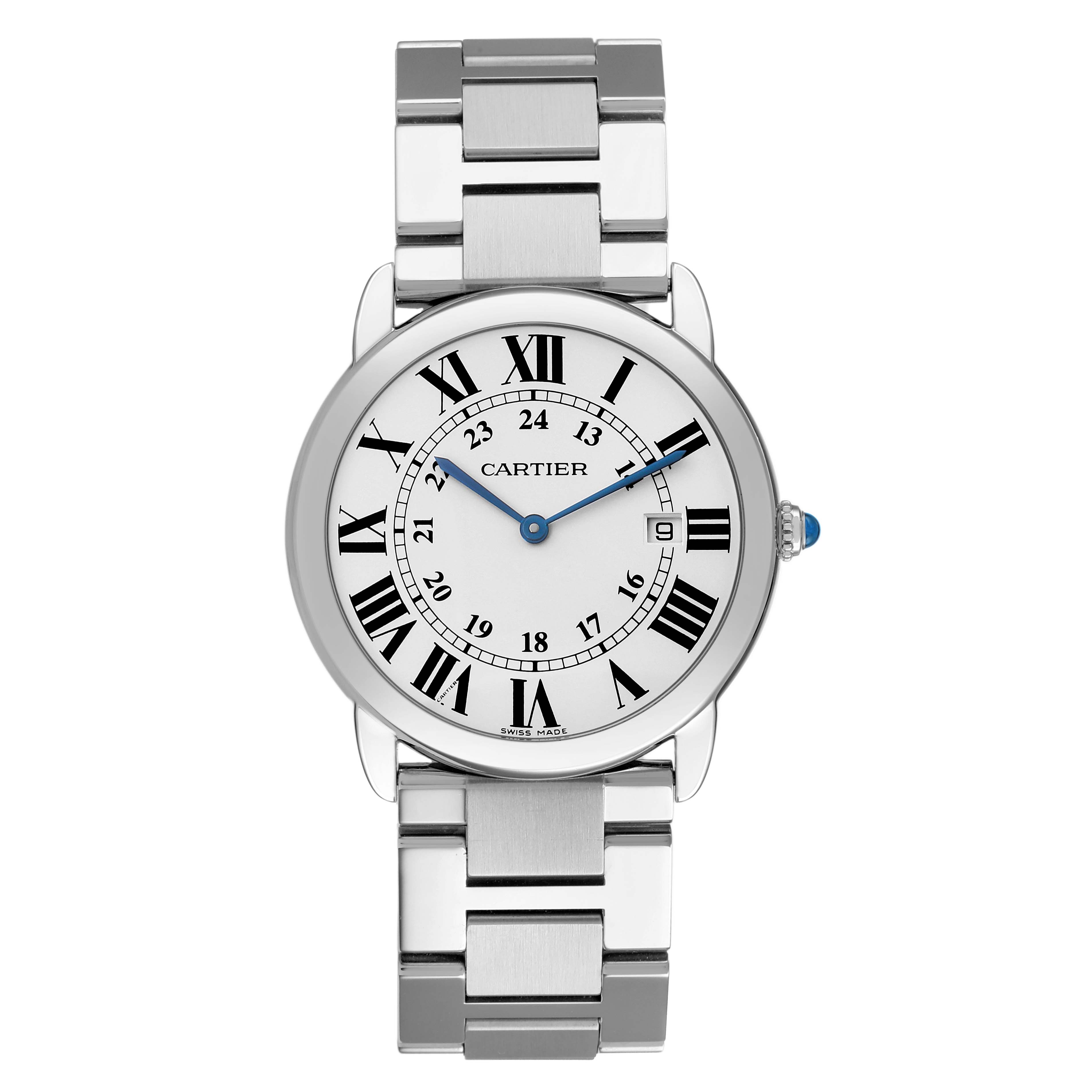 The Cartier Ronde W6701005 Men's Stainless Steel Silver Dial model watch is shown from the front, displaying its dial, Roman numerals, blue hands, and metal bracelet.