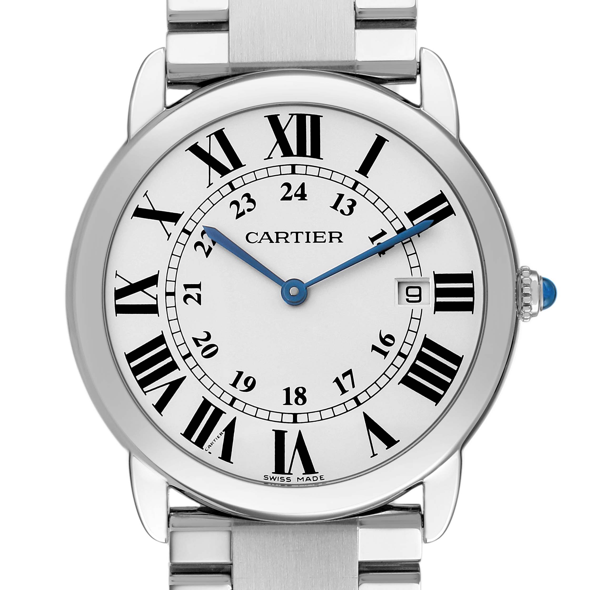 The Cartier Ronde W6701005 Men's Stainless Steel Silver Dial watch is shown from a frontal angle, highlighting its Roman numeral dial, blue hands, and date window.