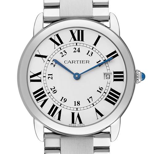 The Cartier Ronde W6701005 Men's Stainless Steel Silver Dial model is shown from the front, highlighting its dial, Roman numerals, and blue hands.