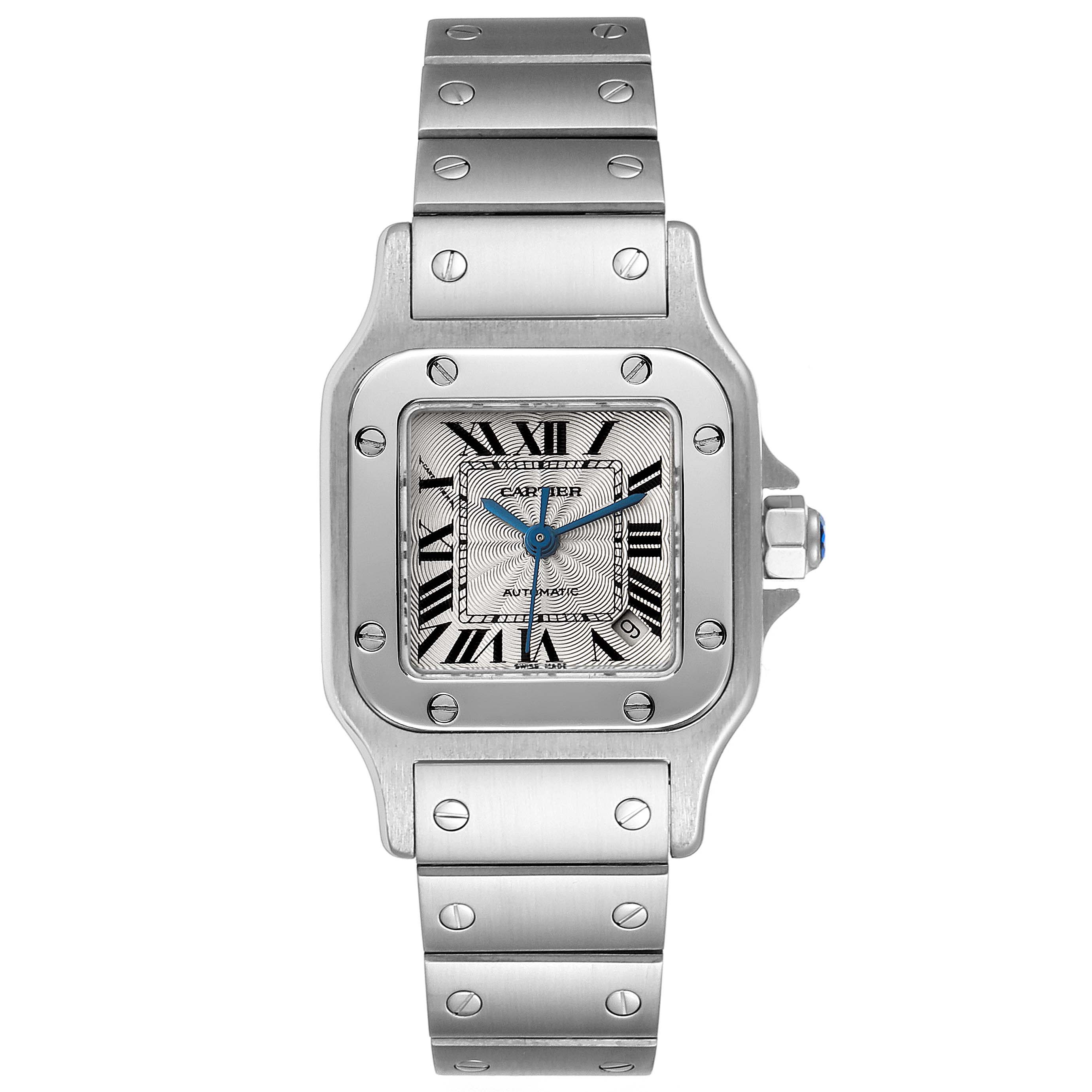 This image shows a front view of the Santos model by Cartier, highlighting the watch face, bezel, and bracelet.
