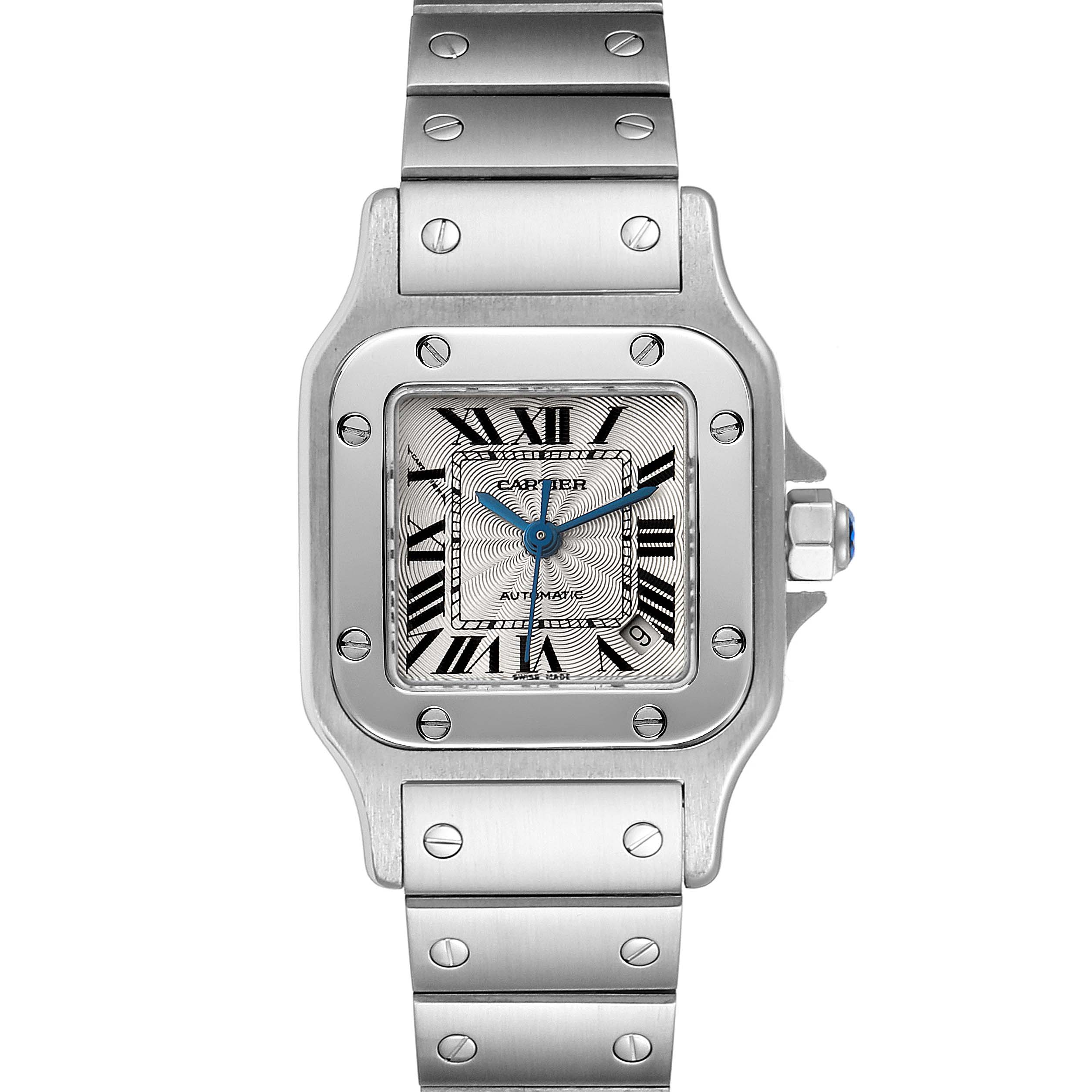 The image shows a front view of a Cartier Santos W20044D6 Women's Stainless Steel Silver Dial W20044D6 Women's Stainless Steel Silver Dial watch, displaying its face, bezel, and part of the bracelet.