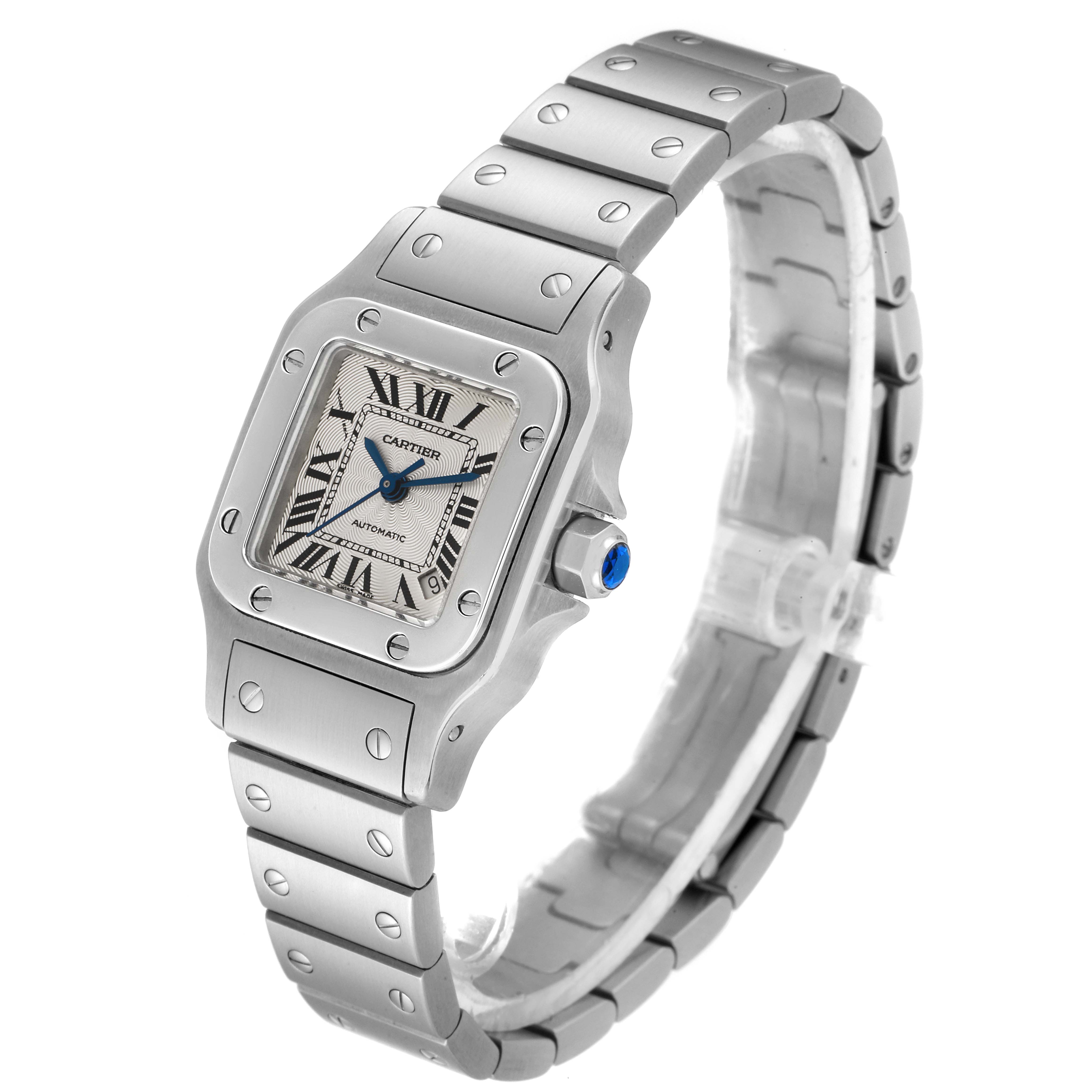 The image shows a Santos model watch by Cartier from an angled side view, highlighting the face, bezel, and band.