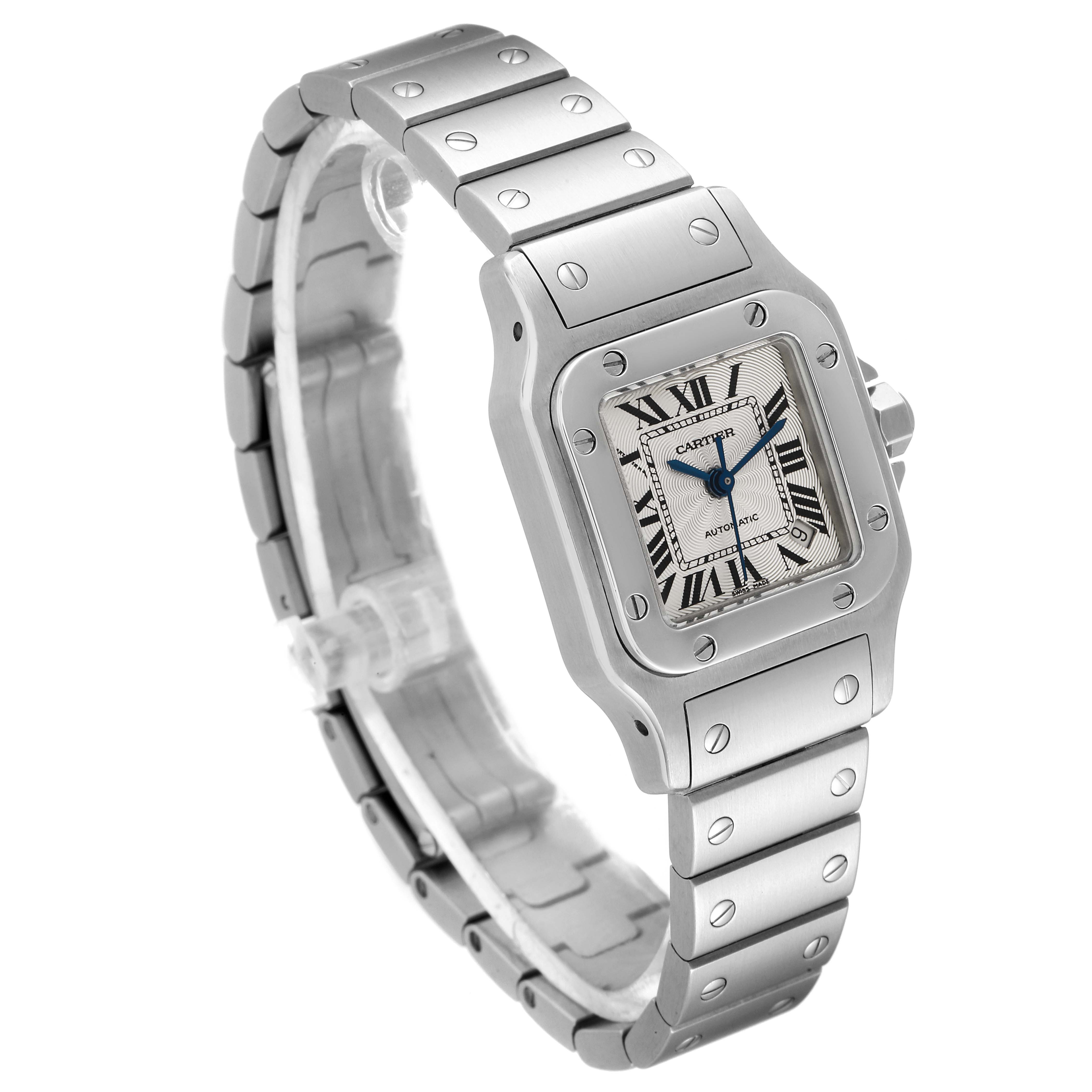 The image shows a Santos model by Cartier watch at a three-quarter angle displaying its face, bezel, and part of the bracelet.