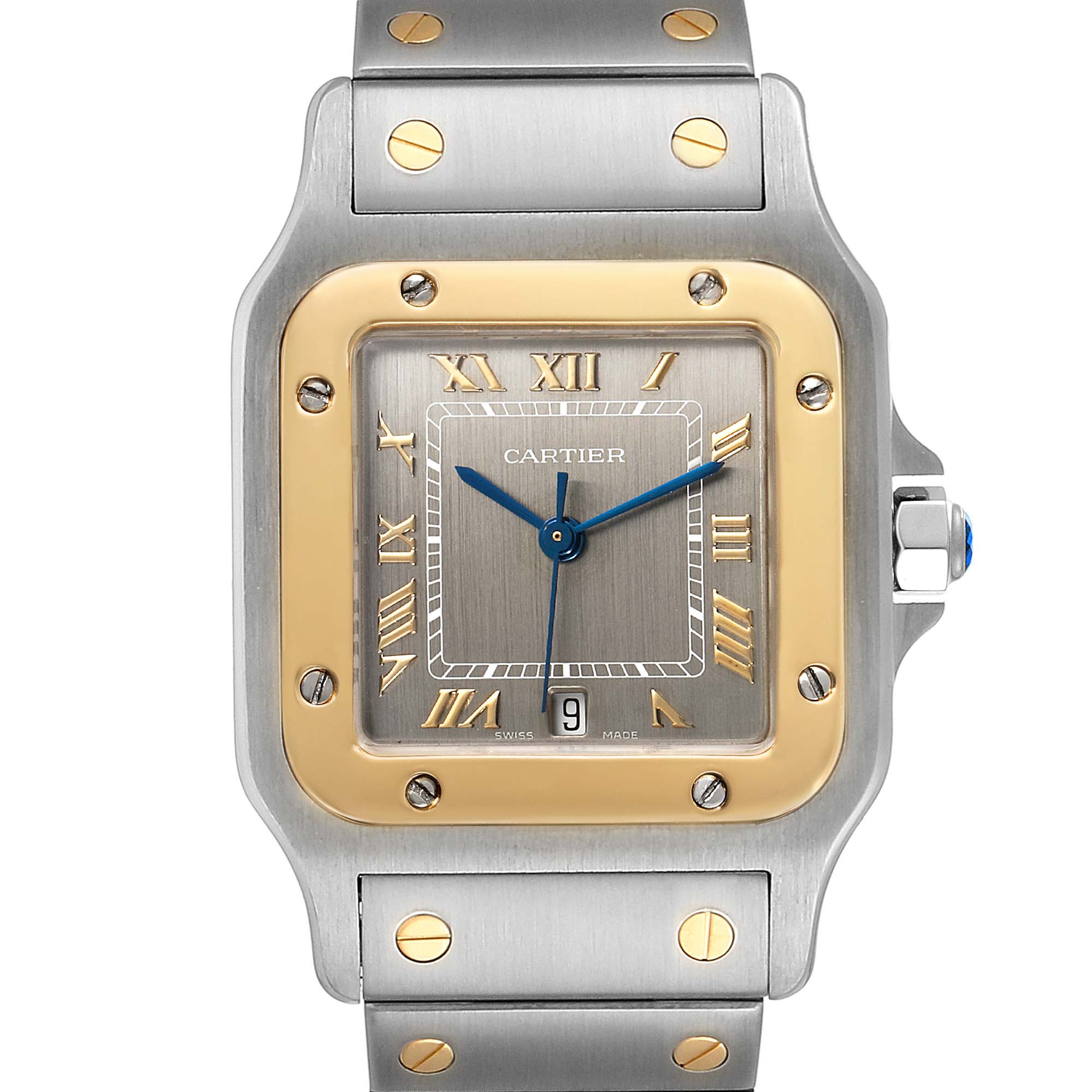 The image shows a frontal view of a Cartier Santos 1566 Men's Steel and Gold (two tone) Grey Dial 1566 Men's Steel and Gold (two tone) Grey Dial watch, highlighting its face, bezel, strap, and crown.