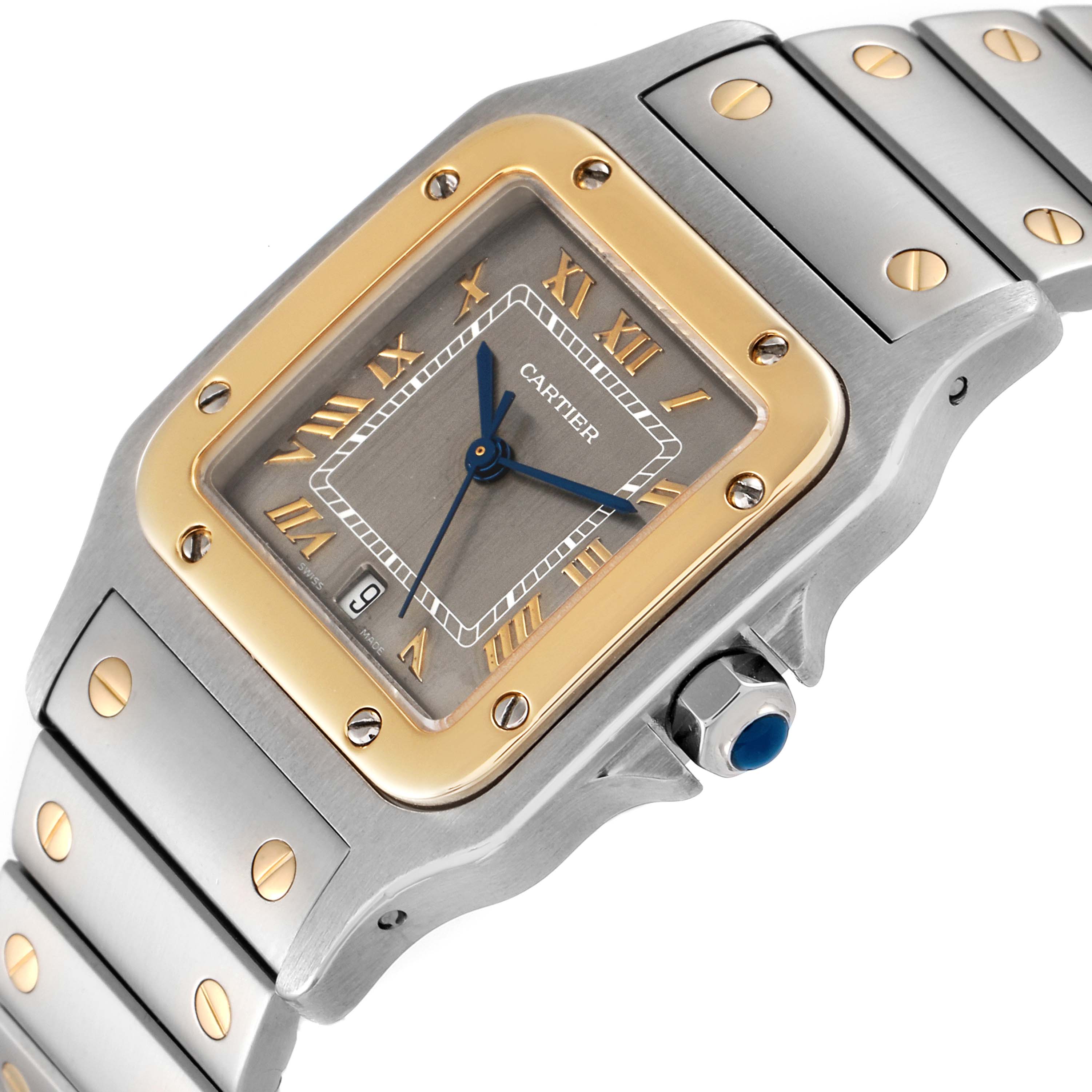 The image shows a close-up angle of a Cartier Santos 1566 Men's Steel and Gold (two tone) Grey Dial 1566 Men's Steel and Gold (two tone) Grey Dial watch, focusing on the dial, bezel, crown, and part of the bracelet.