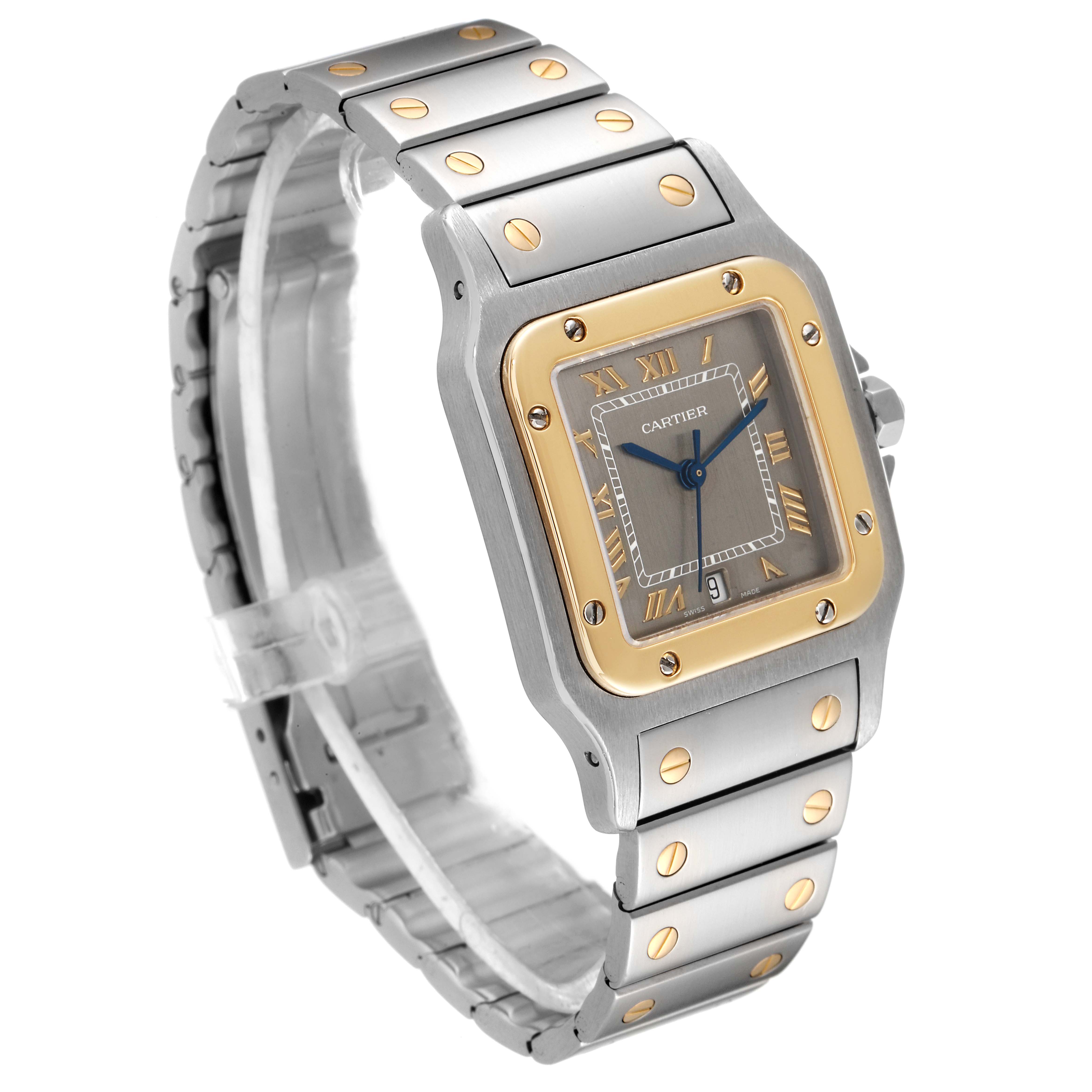 The image shows a Santos model by Cartier at a three-quarter angle displaying the watch face, bezel, and bracelet.