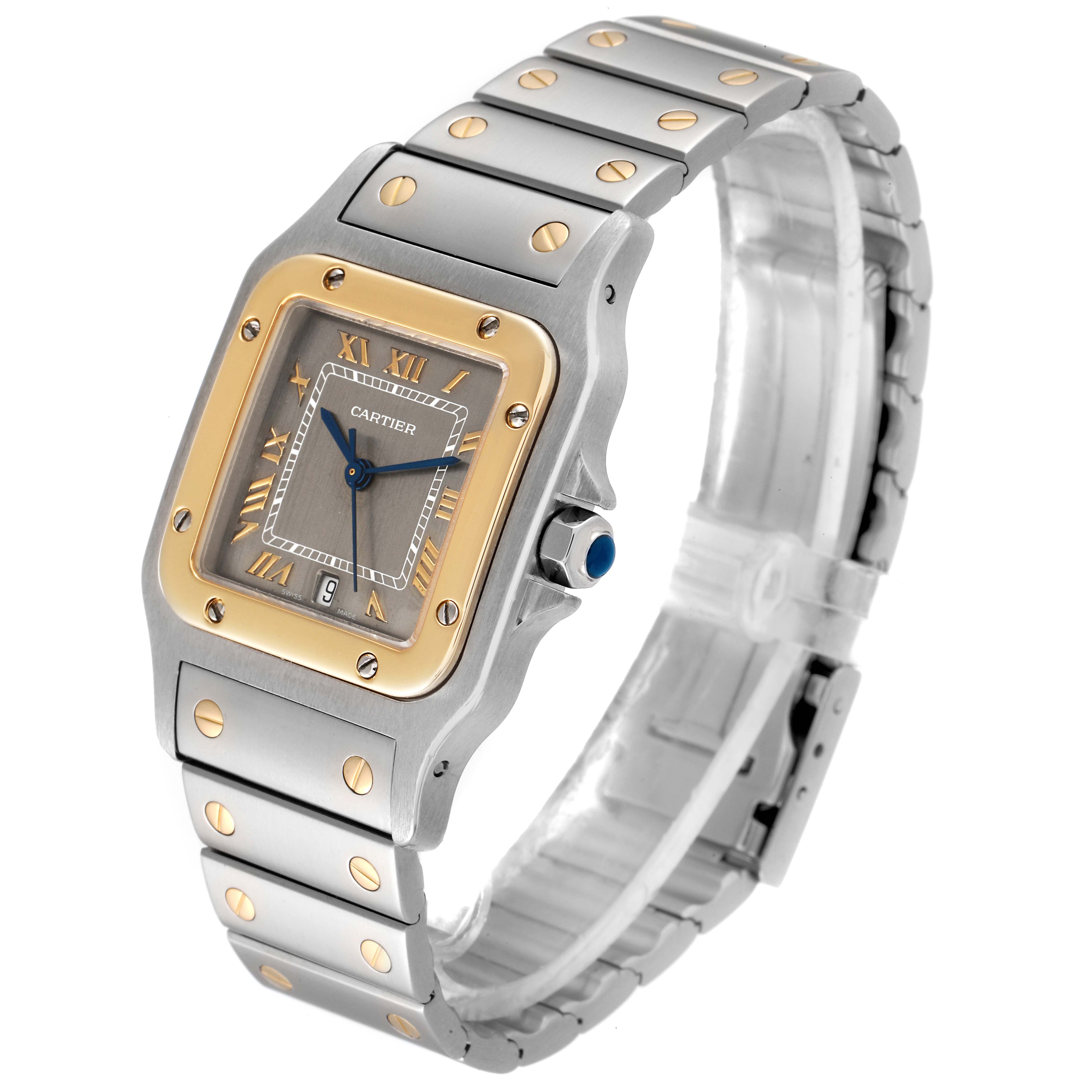 The image shows a Cartier Santos 1566 Men's Steel and Gold (two tone) Grey Dial 1566 Men's Steel and Gold (two tone) Grey Dial watch at a slight angle, highlighting its face, bezel, crown, and metal bracelet.