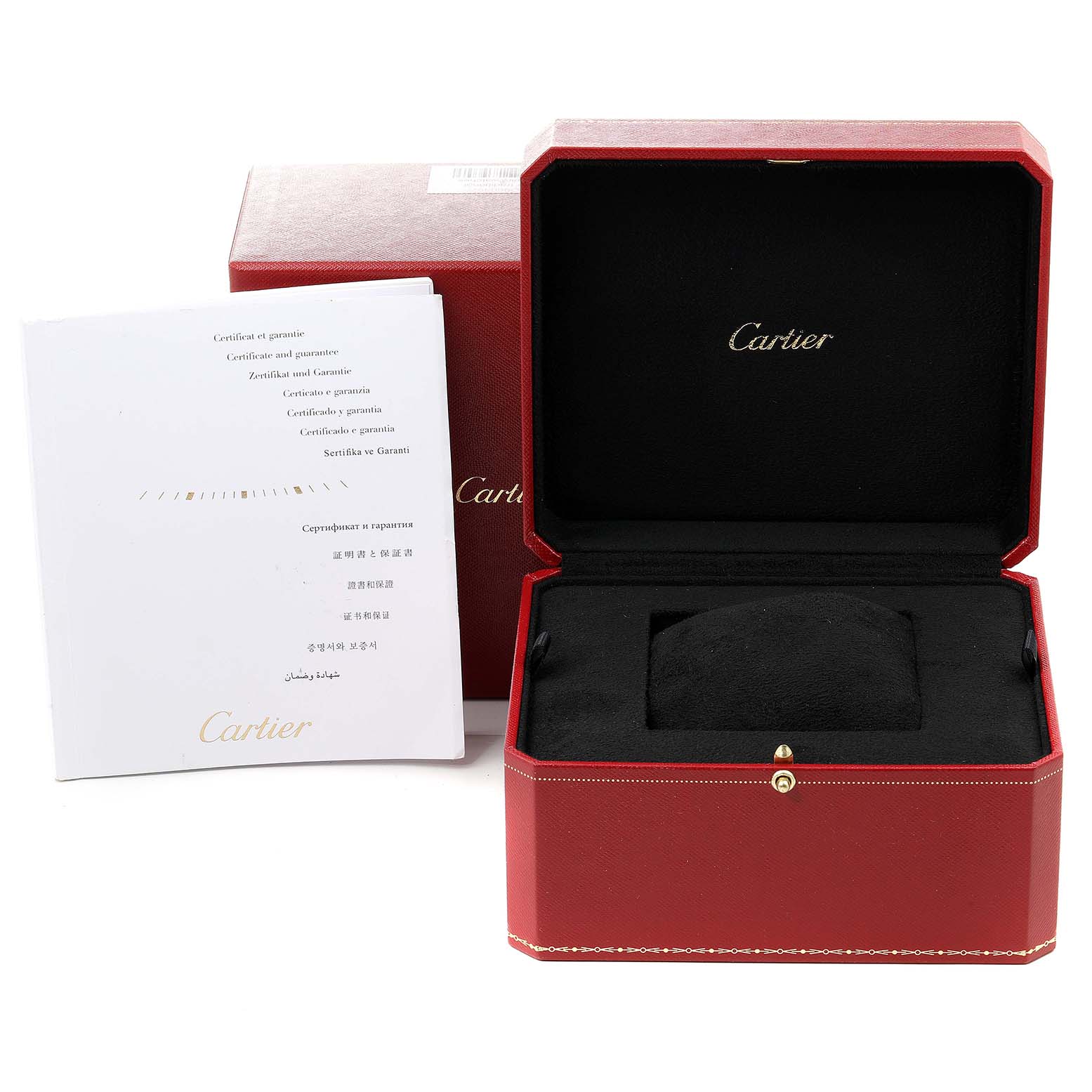 This image shows an open Cartier Tank Anglaise W5310007 Women
s Steel and Gold (two tone) Silver Dial W5310007 Women
s Steel and Gold (two tone) Silver Dial watch box with accompanying documents and packaging.