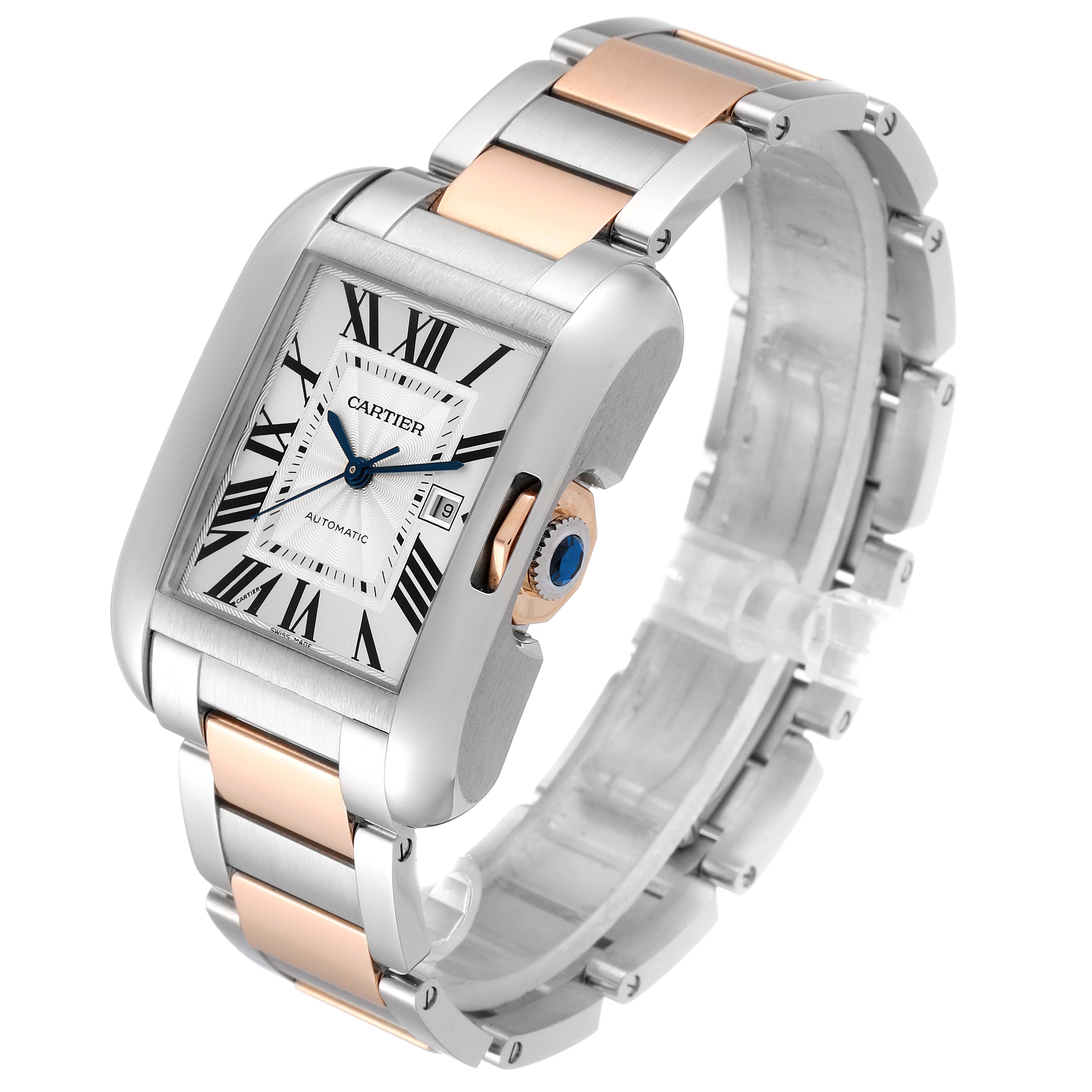 The image shows a Cartier Tank Anglaise W5310007 Women
s Steel and Gold (two tone) Silver Dial W5310007 Women
s Steel and Gold (two tone) Silver Dial watch from a front-right angle, highlighting its face, bezel, crown, and bracelet.