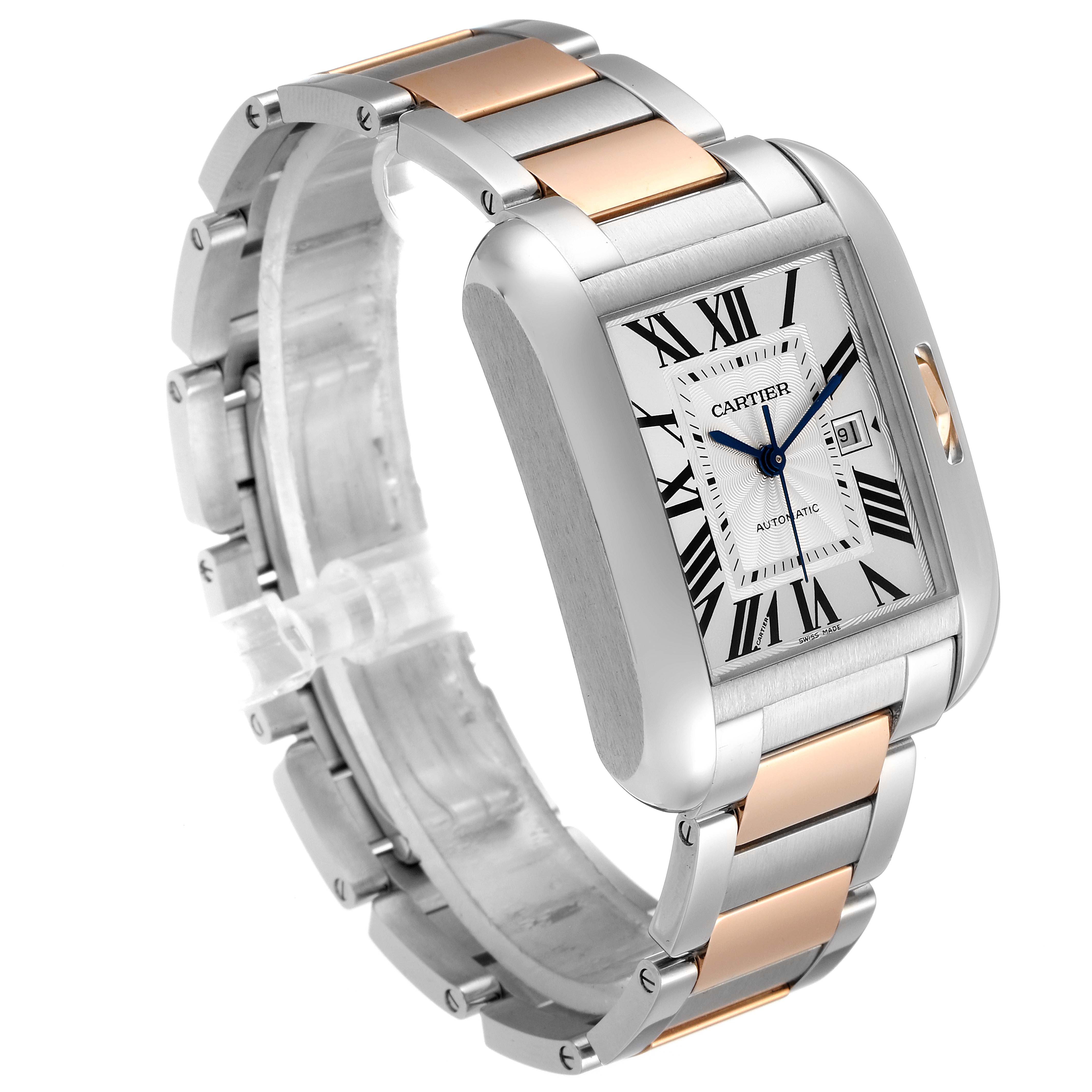 The image shows a Cartier Tank Anglaise W5310007 Women
s Steel and Gold (two tone) Silver Dial W5310007 Women
s Steel and Gold (two tone) Silver Dial watch from an angled view highlighting the face and two-tone bracelet.