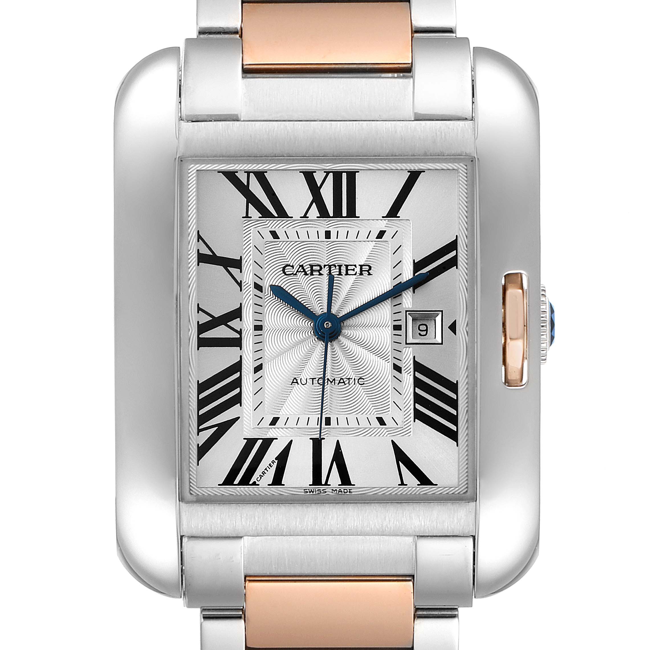 The image shows a close-up frontal view of the Cartier Tank Anglaise W5310007 Women
s Steel and Gold (two tone) Silver Dial W5310007 Women
s Steel and Gold (two tone) Silver Dial watch, highlighting the face, dial, and part of the bracelet.