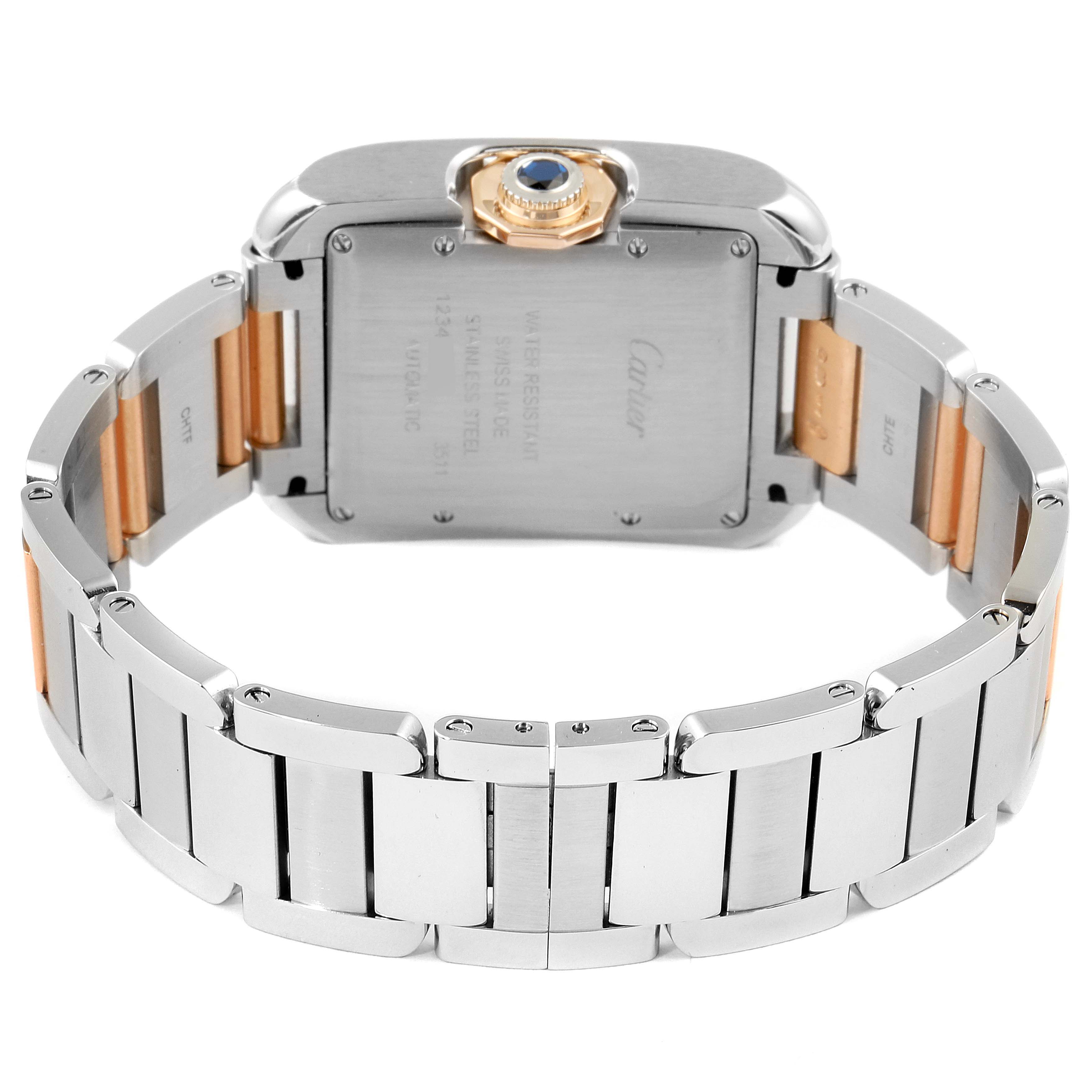 The image shows the back view of the Cartier Tank Anglaise W5310007 Women
s Steel and Gold (two tone) Silver Dial W5310007 Women
s Steel and Gold (two tone) Silver Dial watch, highlighting the case, bracelet, and crown.
