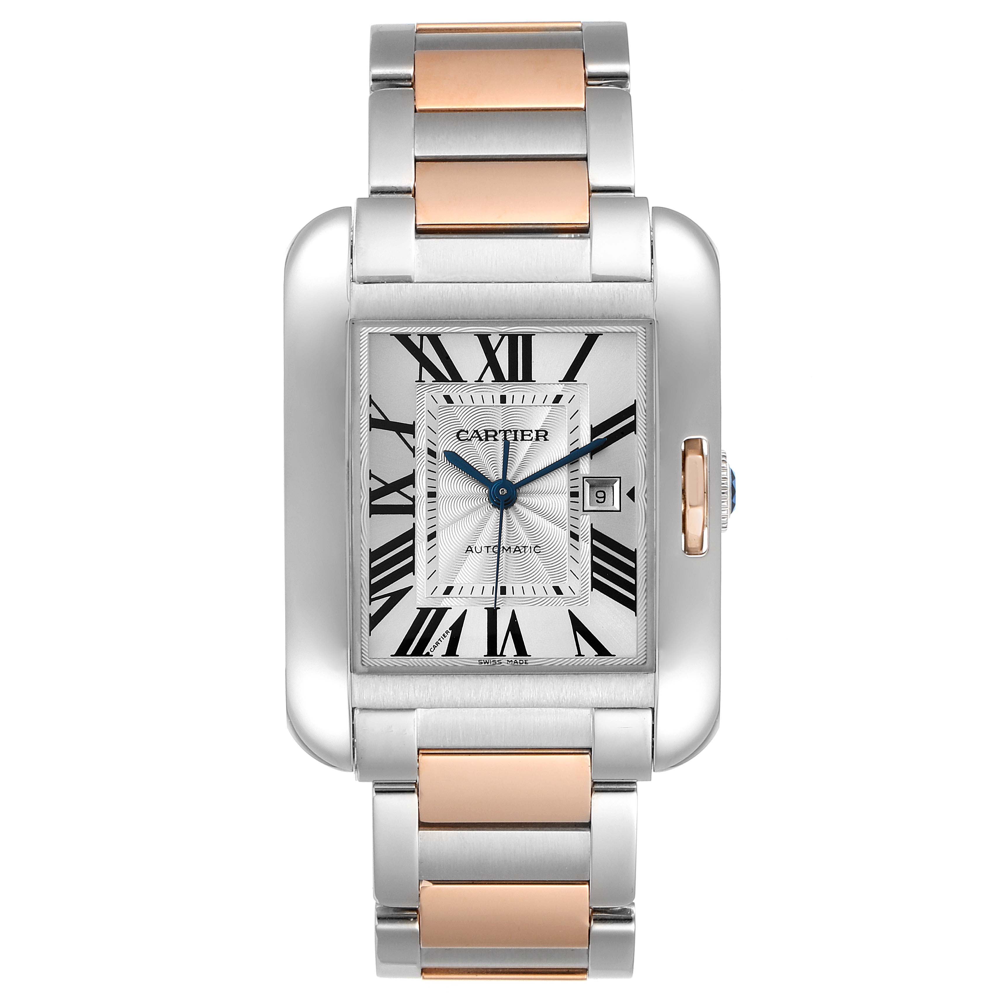 The image shows a Cartier Tank Anglaise W5310007 Women
s Steel and Gold (two tone) Silver Dial W5310007 Women
s Steel and Gold (two tone) Silver Dial watch from a front view, featuring its face, bezel, and part of the bracelet.